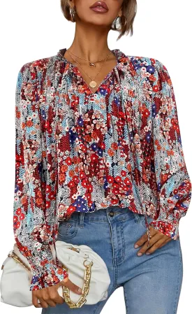 HOTOUCH Womens Long Sleeve Tops Boho Floral Printed Blouses Casual V Neck Pleated Drawstring Peasant Shirts