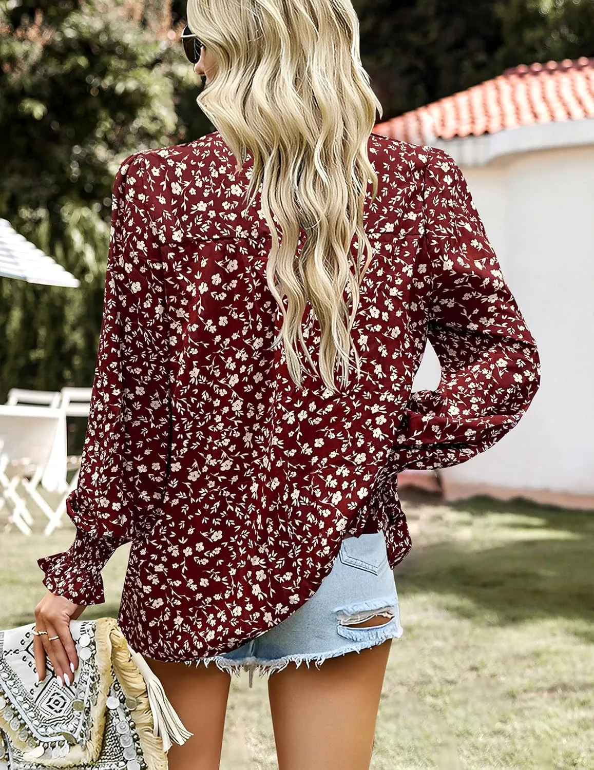 HOTOUCH Womens Long Sleeve Tops Boho Floral Printed Blouses Casual V Neck Pleated Drawstring Peasant Shirts