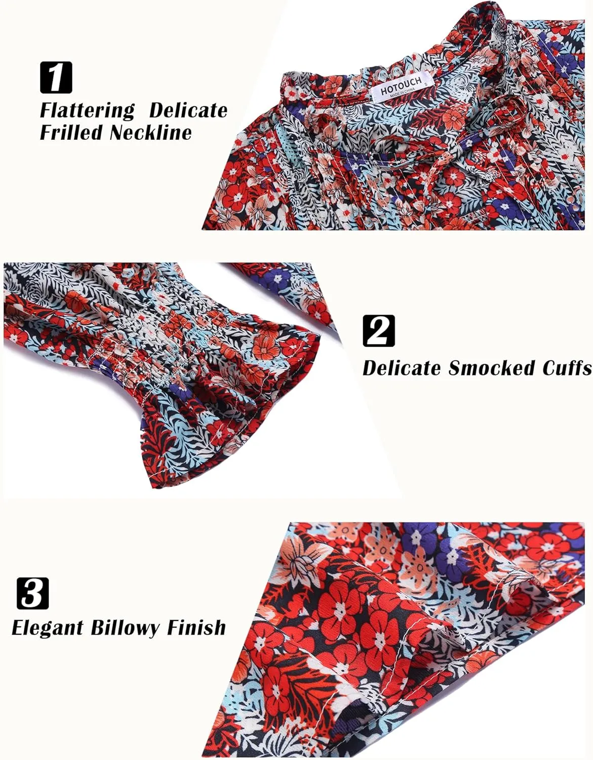 HOTOUCH Womens Long Sleeve Tops Boho Floral Printed Blouses Casual V Neck Pleated Drawstring Peasant Shirts