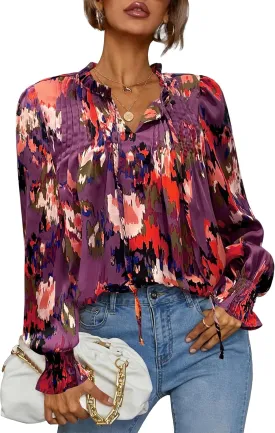 HOTOUCH Womens Long Sleeve Tops Boho Floral Printed Blouses Casual V Neck Pleated Drawstring Peasant Shirts