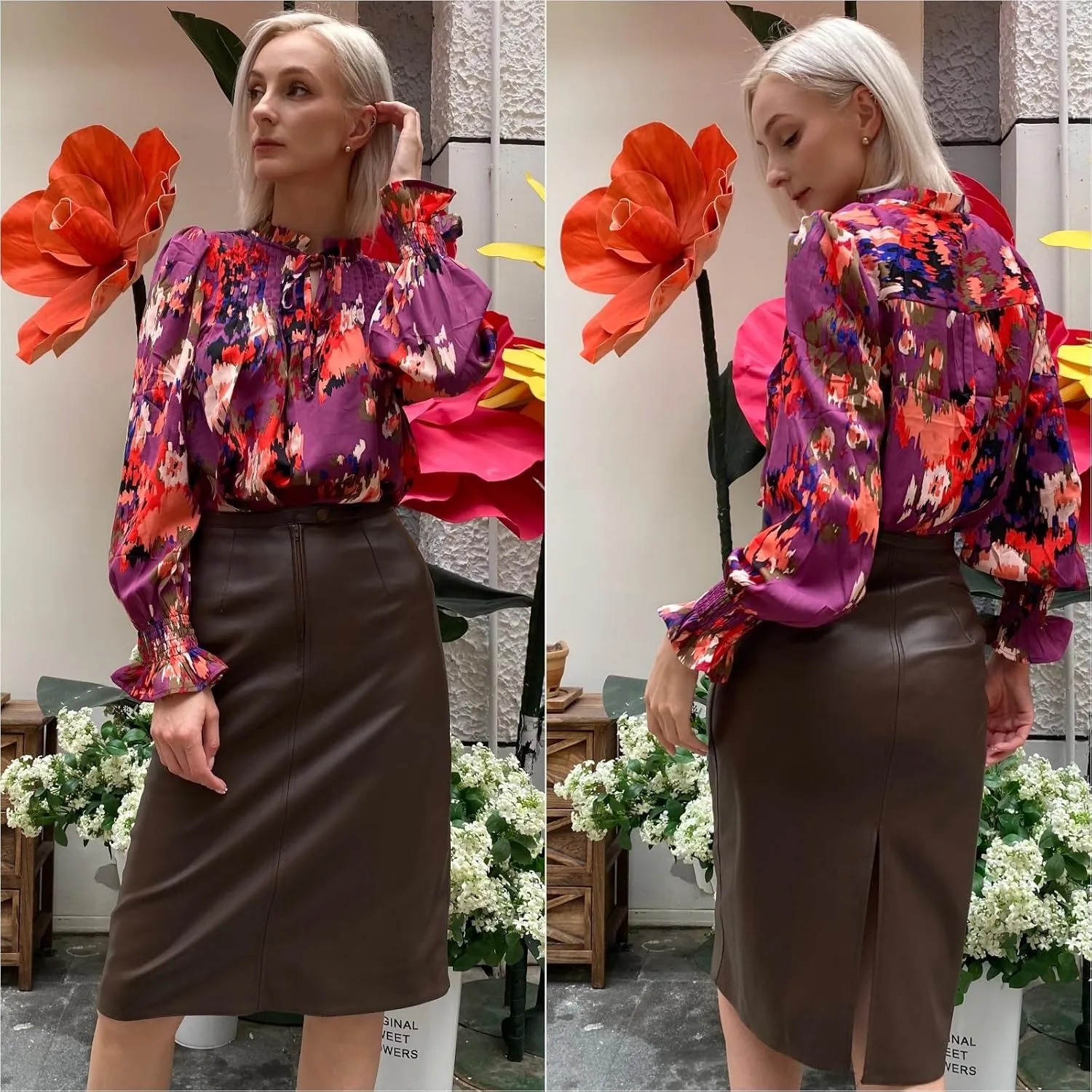 HOTOUCH Womens Long Sleeve Tops Boho Floral Printed Blouses Casual V Neck Pleated Drawstring Peasant Shirts