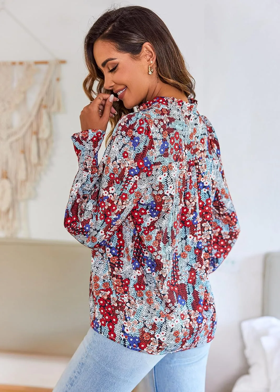 HOTOUCH Womens Long Sleeve Tops Boho Floral Printed Blouses Casual V Neck Pleated Drawstring Peasant Shirts