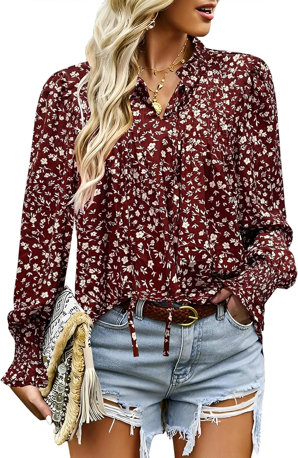HOTOUCH Womens Long Sleeve Tops Boho Floral Printed Blouses Casual V Neck Pleated Drawstring Peasant Shirts
