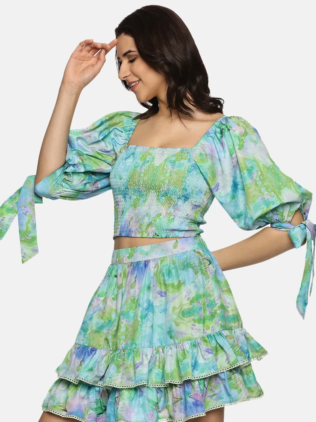 IS.U Floral Multicolor Smocking Crop Top