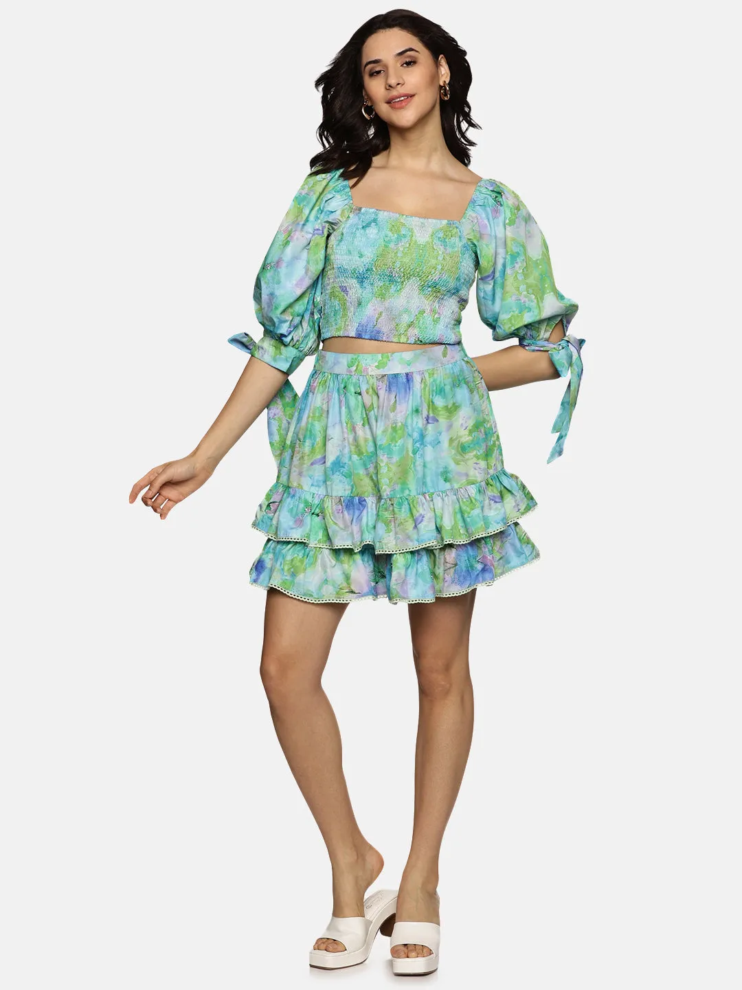 IS.U Floral Multicolor Smocking Crop Top