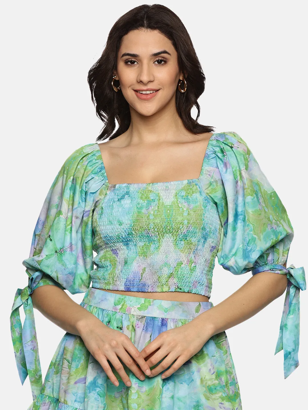IS.U Floral Multicolor Smocking Crop Top