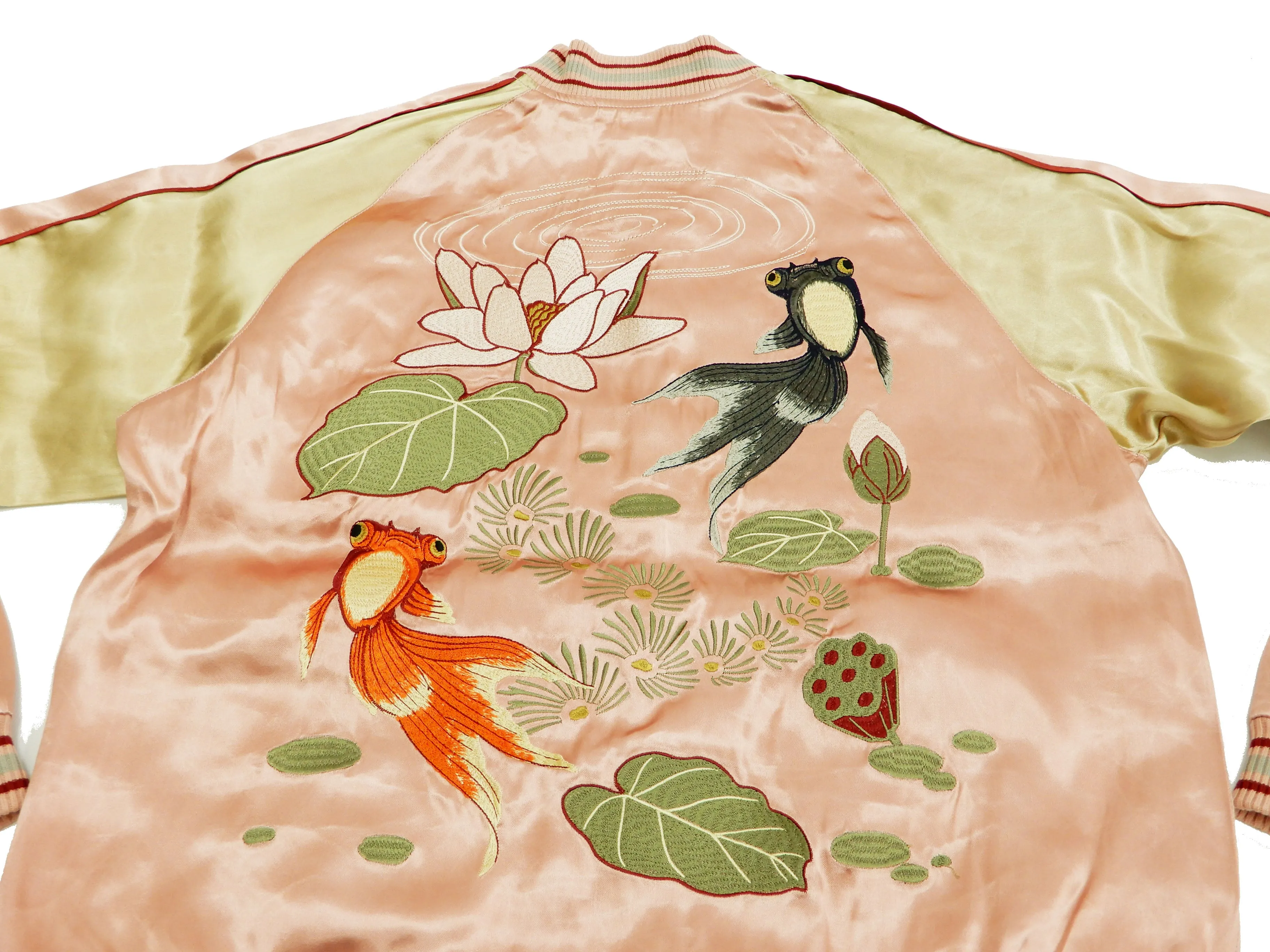 Japanesque Men's Japanese Souvenir Jacket Goldfish Sukajan 3RSJ-044 Pink/Beige
