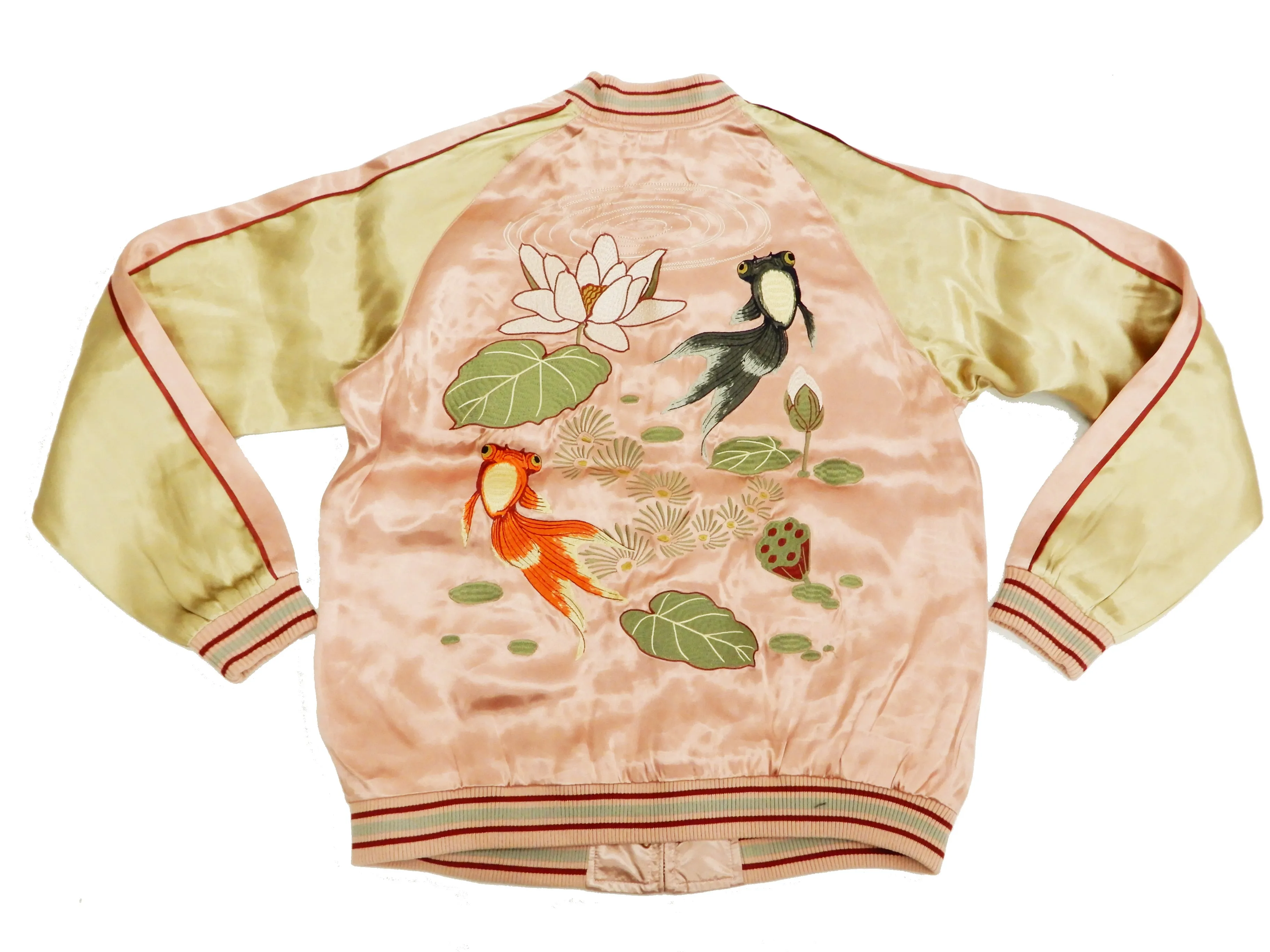 Japanesque Men's Japanese Souvenir Jacket Goldfish Sukajan 3RSJ-044 Pink/Beige