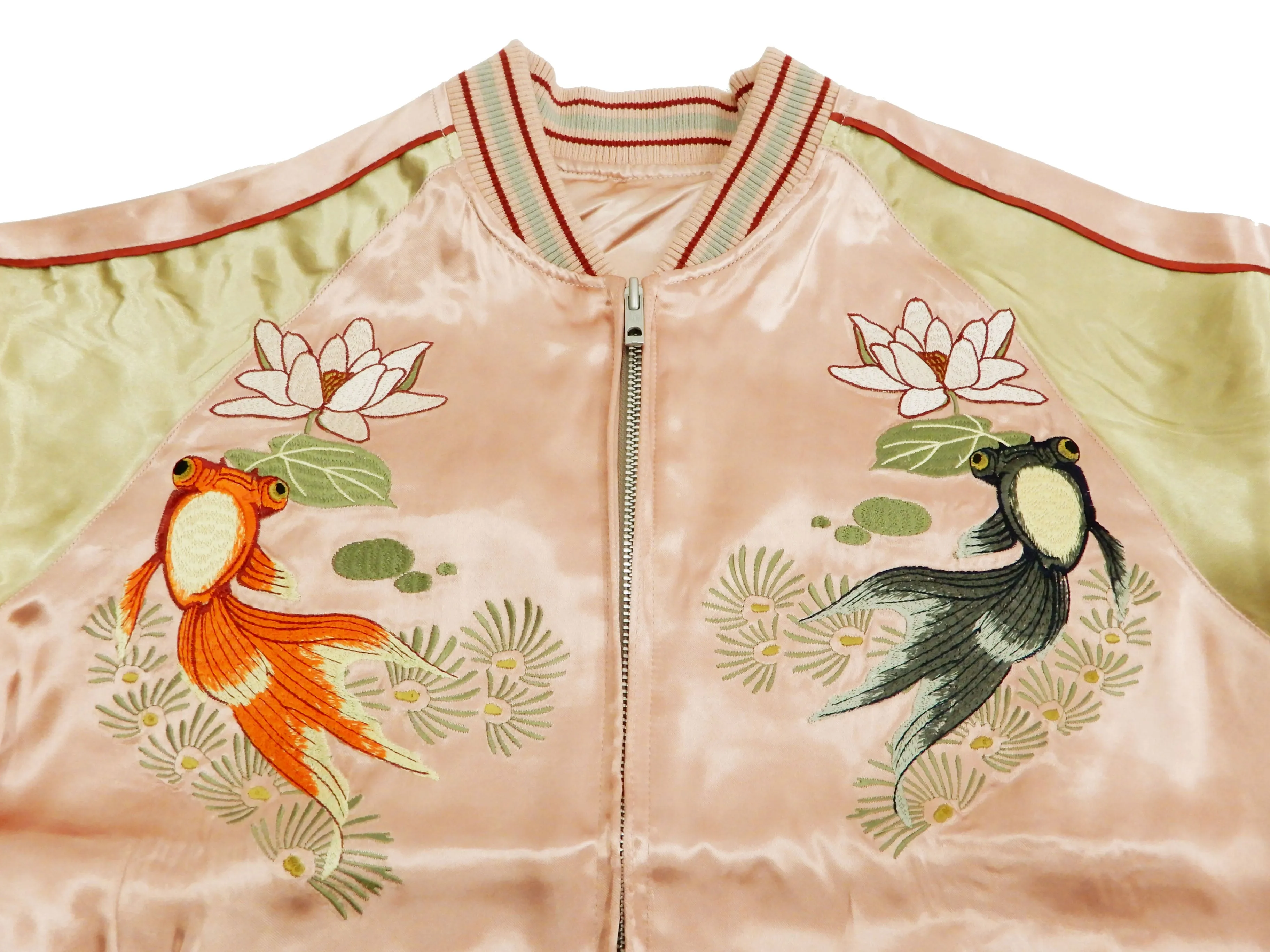 Japanesque Men's Japanese Souvenir Jacket Goldfish Sukajan 3RSJ-044 Pink/Beige