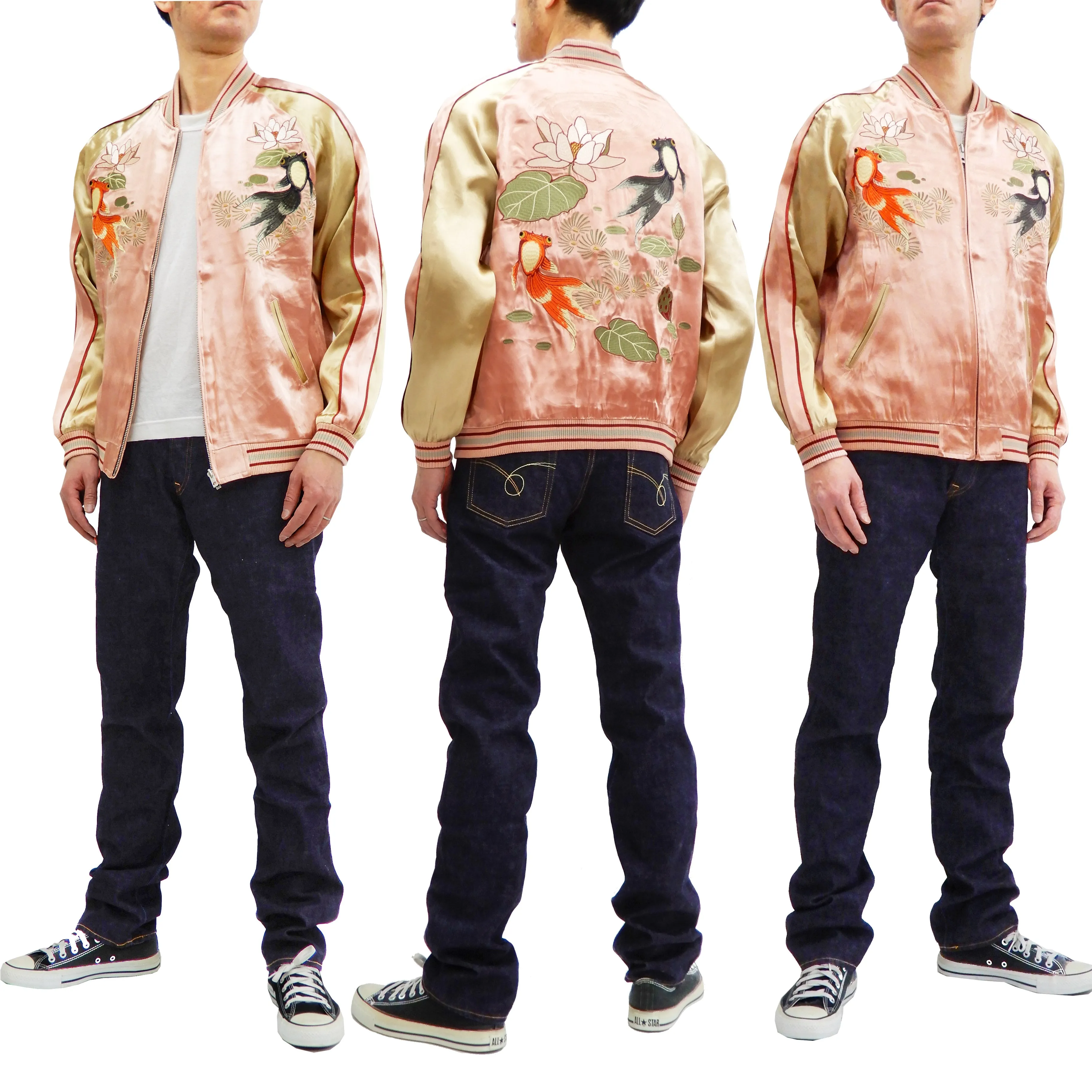 Japanesque Men's Japanese Souvenir Jacket Goldfish Sukajan 3RSJ-044 Pink/Beige