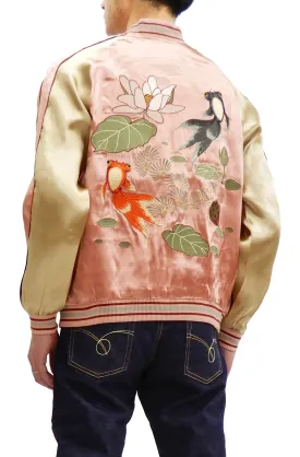 Japanesque Men's Japanese Souvenir Jacket Goldfish Sukajan 3RSJ-044 Pink/Beige