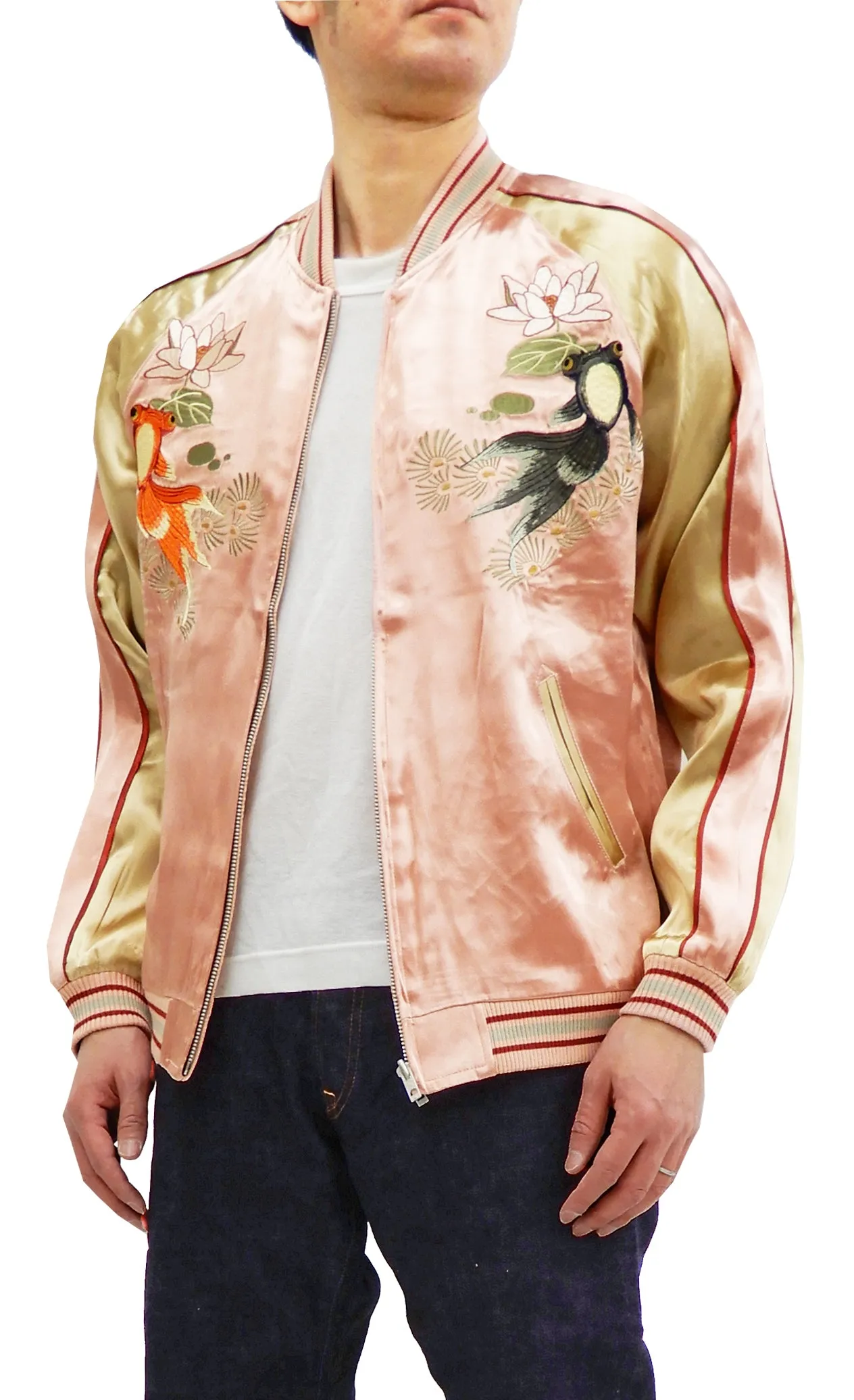 Japanesque Men's Japanese Souvenir Jacket Goldfish Sukajan 3RSJ-044 Pink/Beige