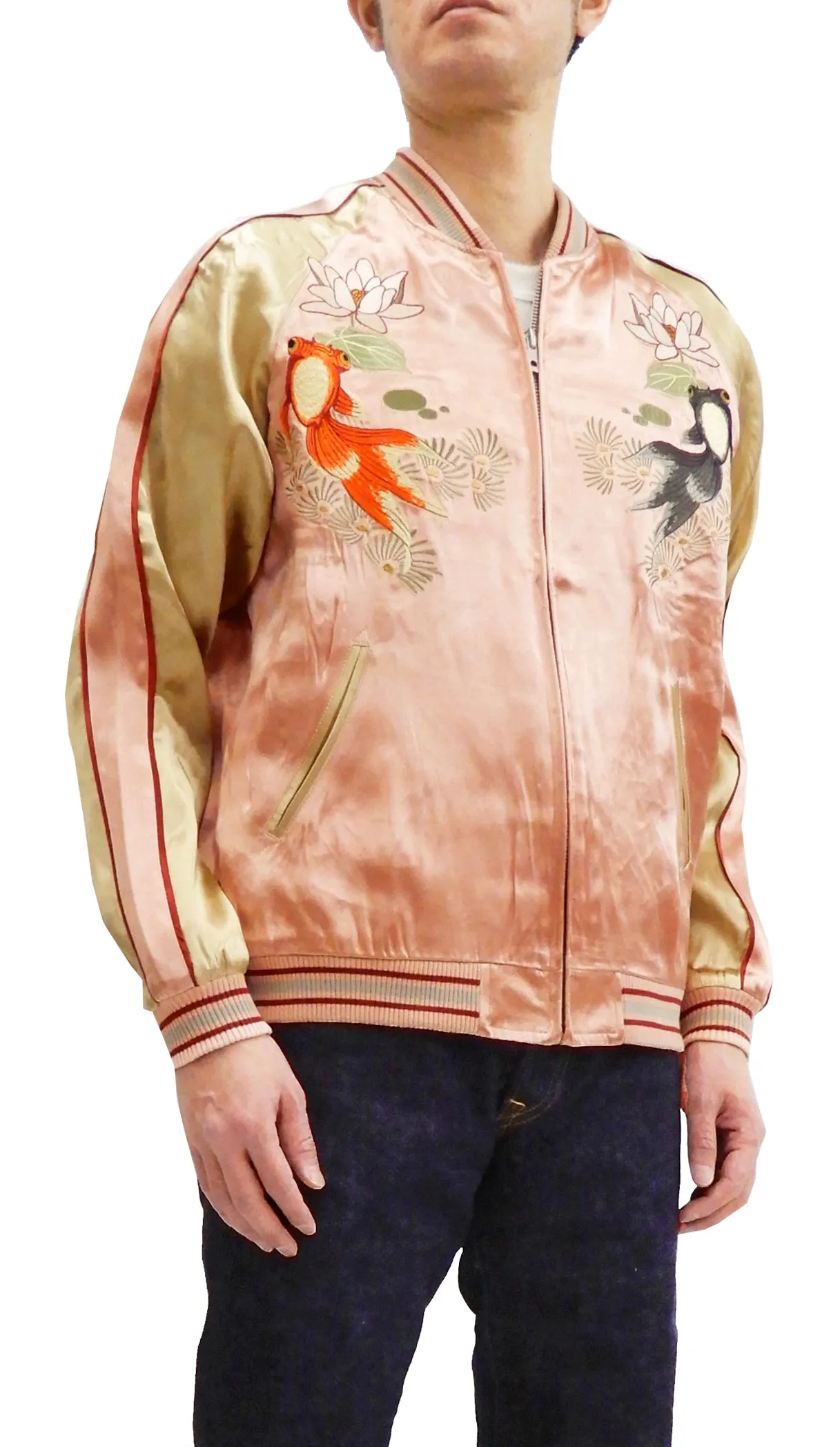 Japanesque Men's Japanese Souvenir Jacket Goldfish Sukajan 3RSJ-044 Pink/Beige