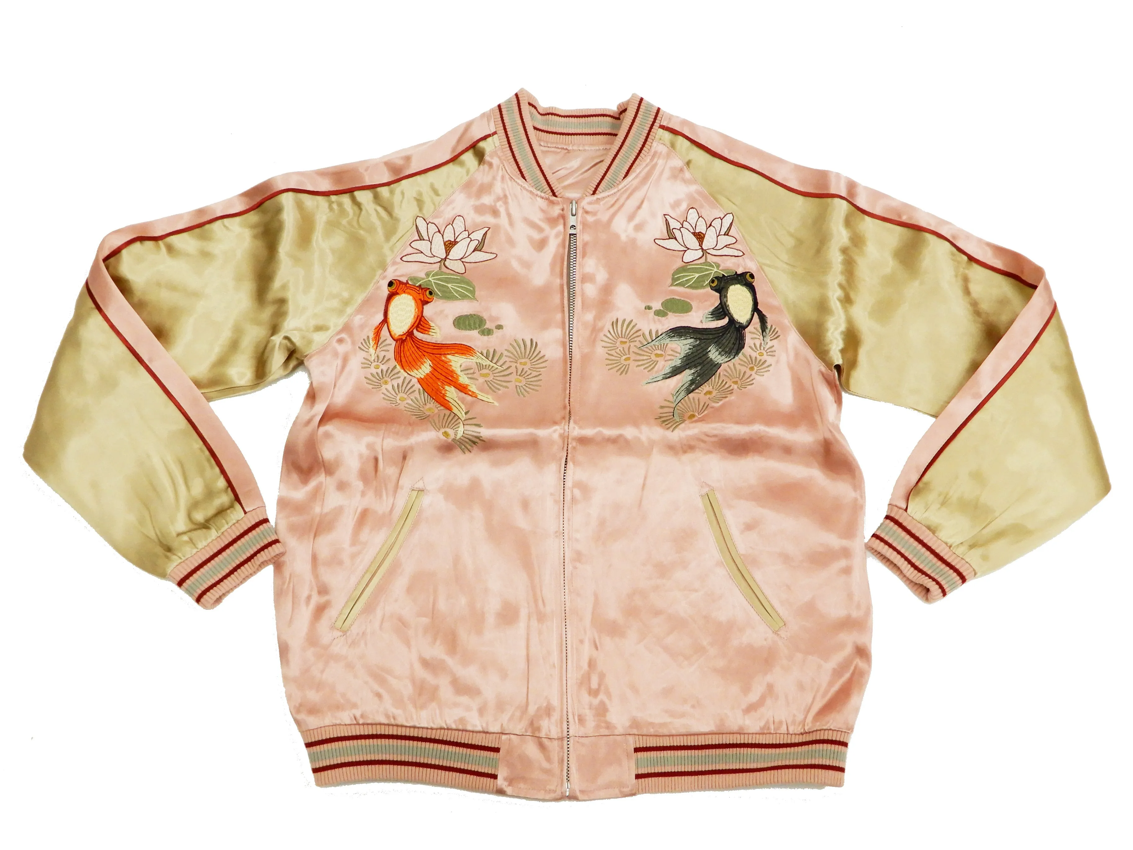 Japanesque Men's Japanese Souvenir Jacket Goldfish Sukajan 3RSJ-044 Pink/Beige