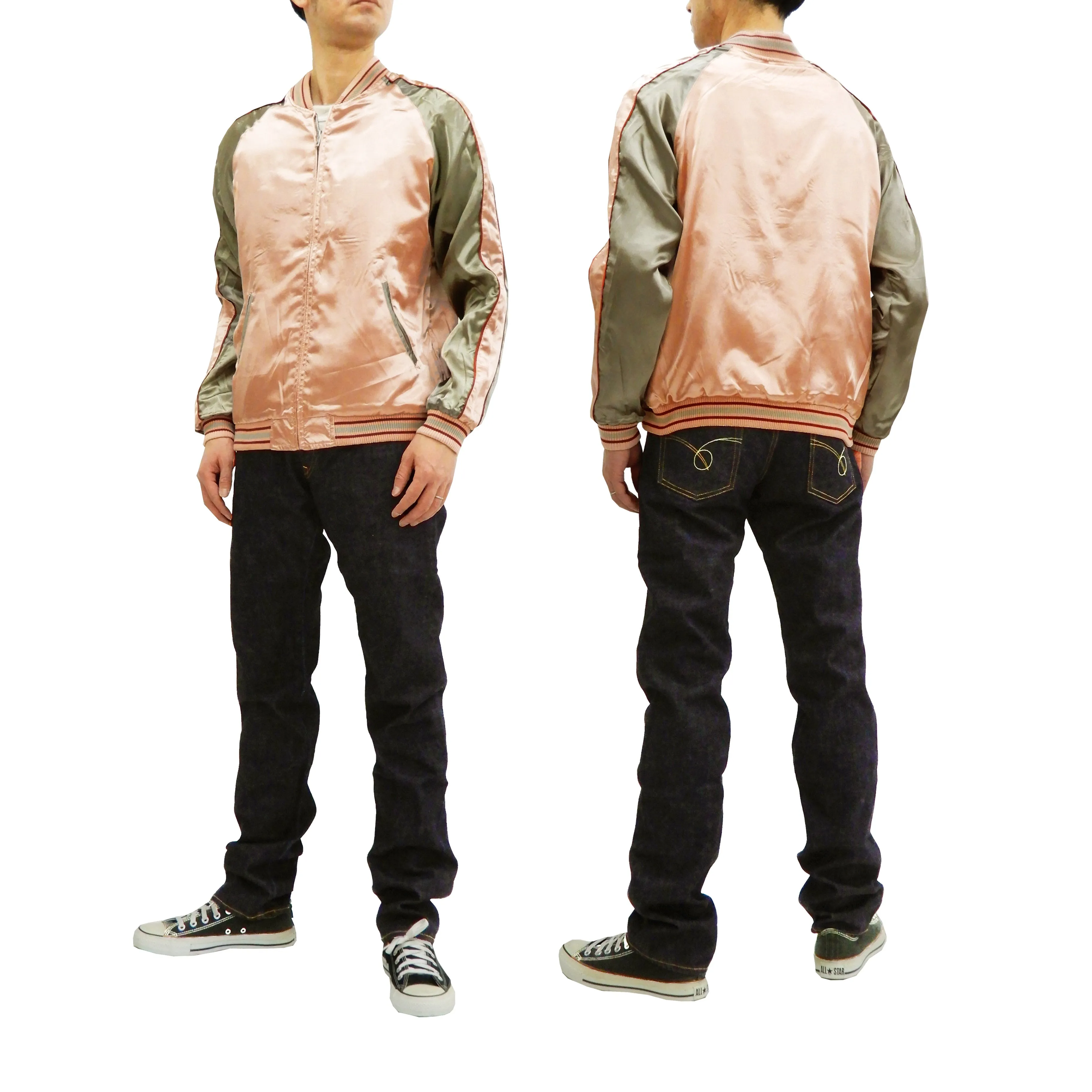 Japanesque Men's Japanese Souvenir Jacket Goldfish Sukajan 3RSJ-044 Pink/Beige