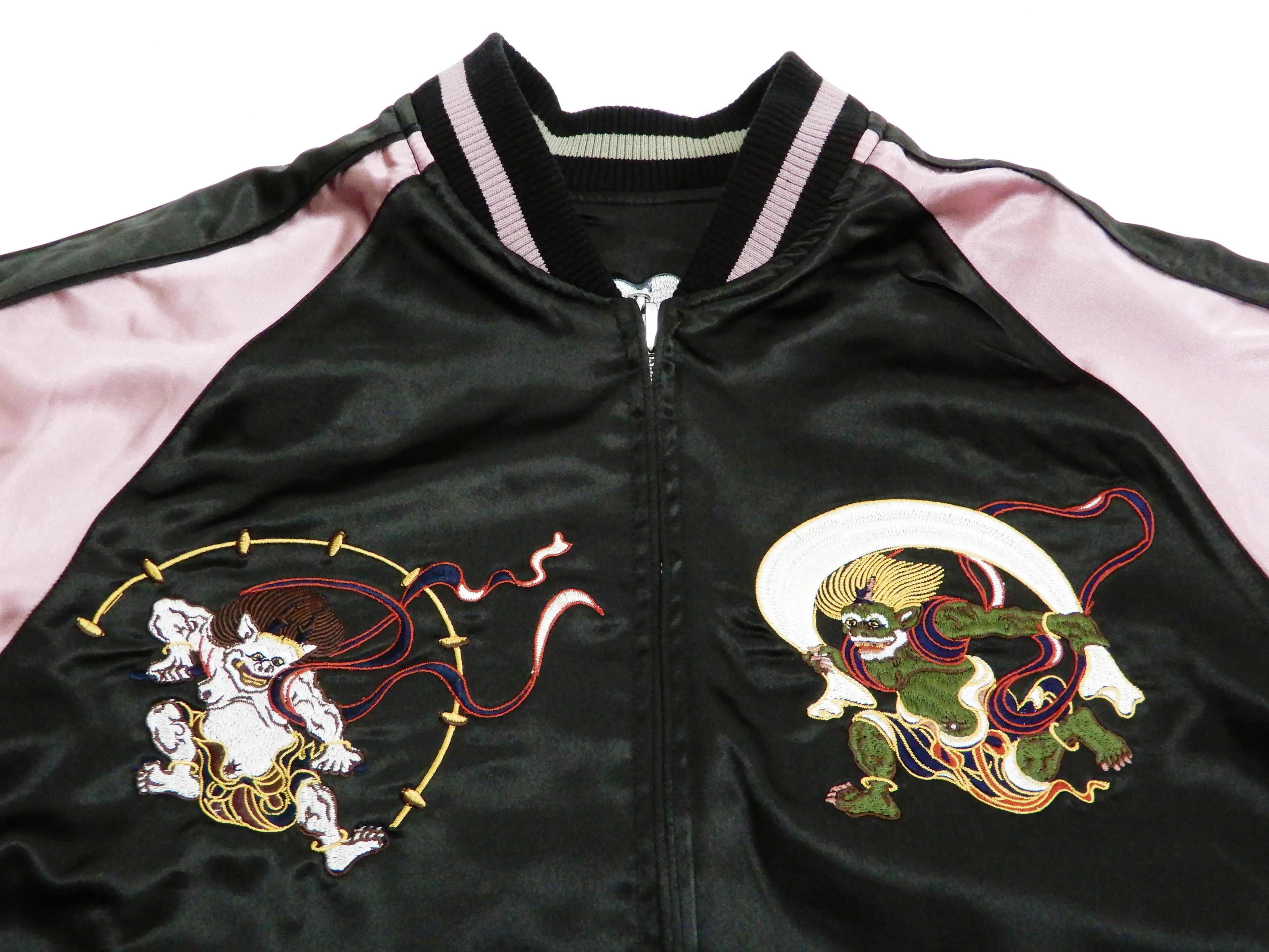 Japanesque Men's Japanese Souvenir Jacket Koi Fish and Fuujin Sukajan 3RSJ-504 Black