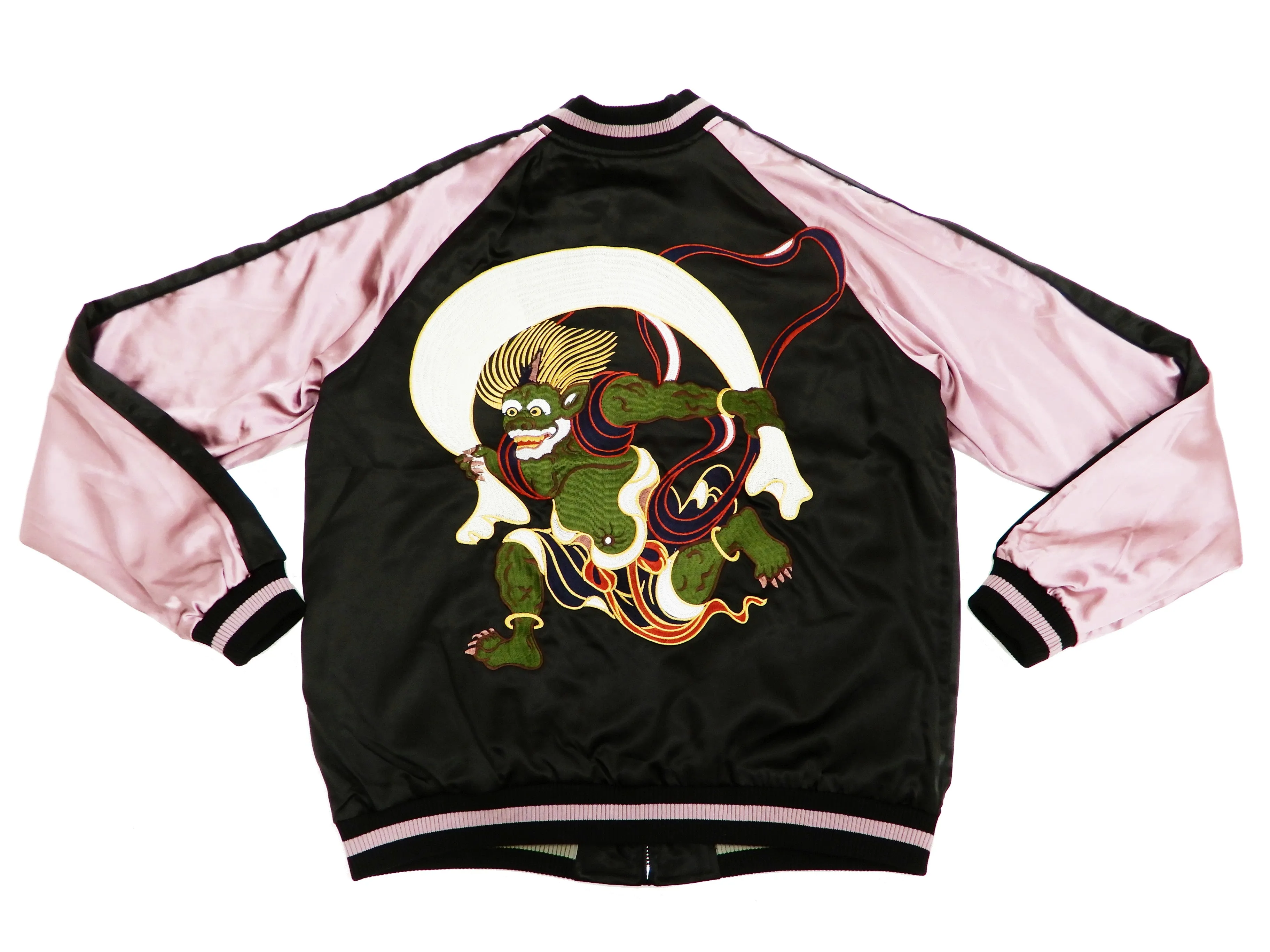 Japanesque Men's Japanese Souvenir Jacket Koi Fish and Fuujin Sukajan 3RSJ-504 Black
