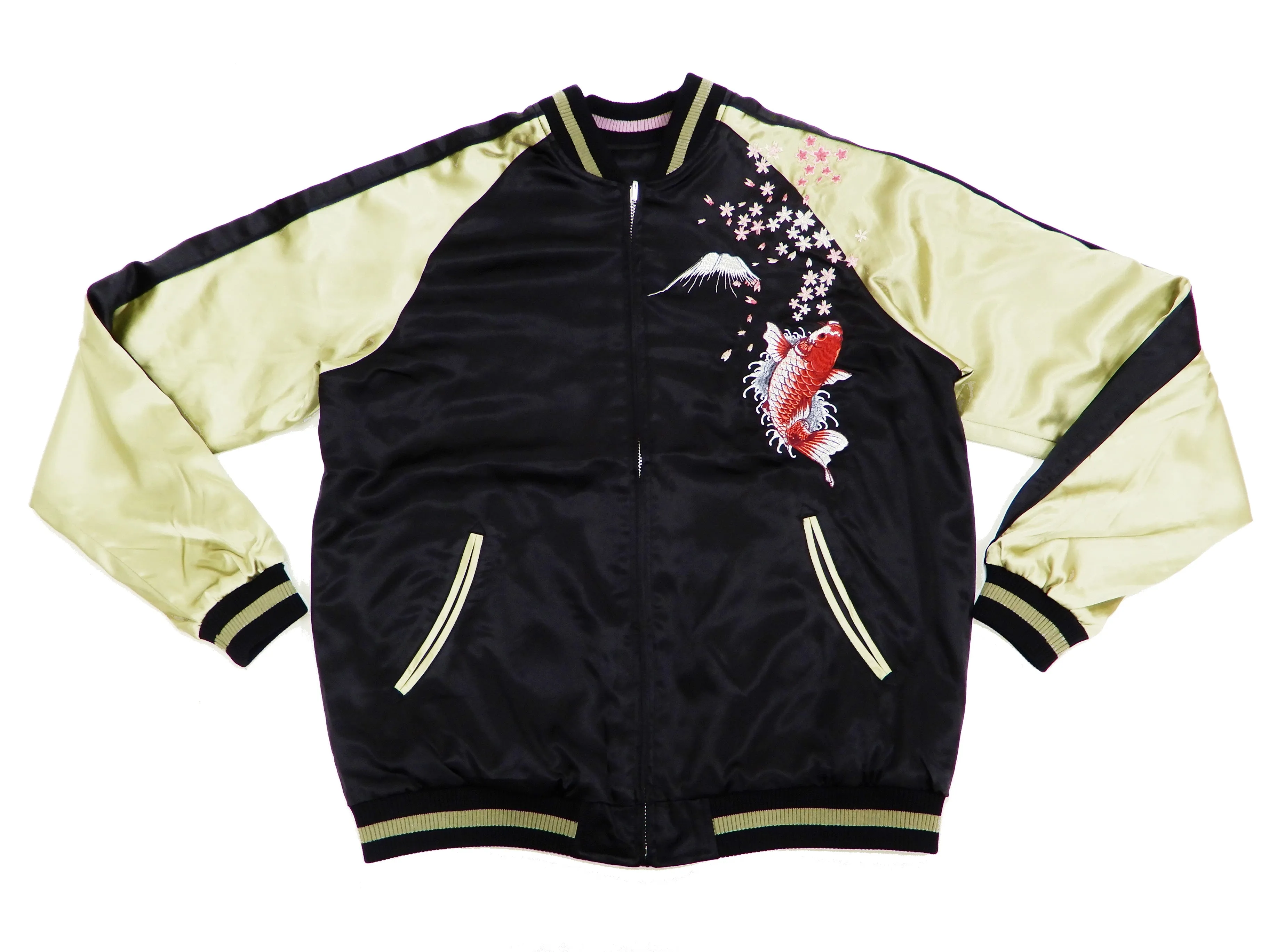 Japanesque Men's Japanese Souvenir Jacket Koi Fish and Fuujin Sukajan 3RSJ-504 Black