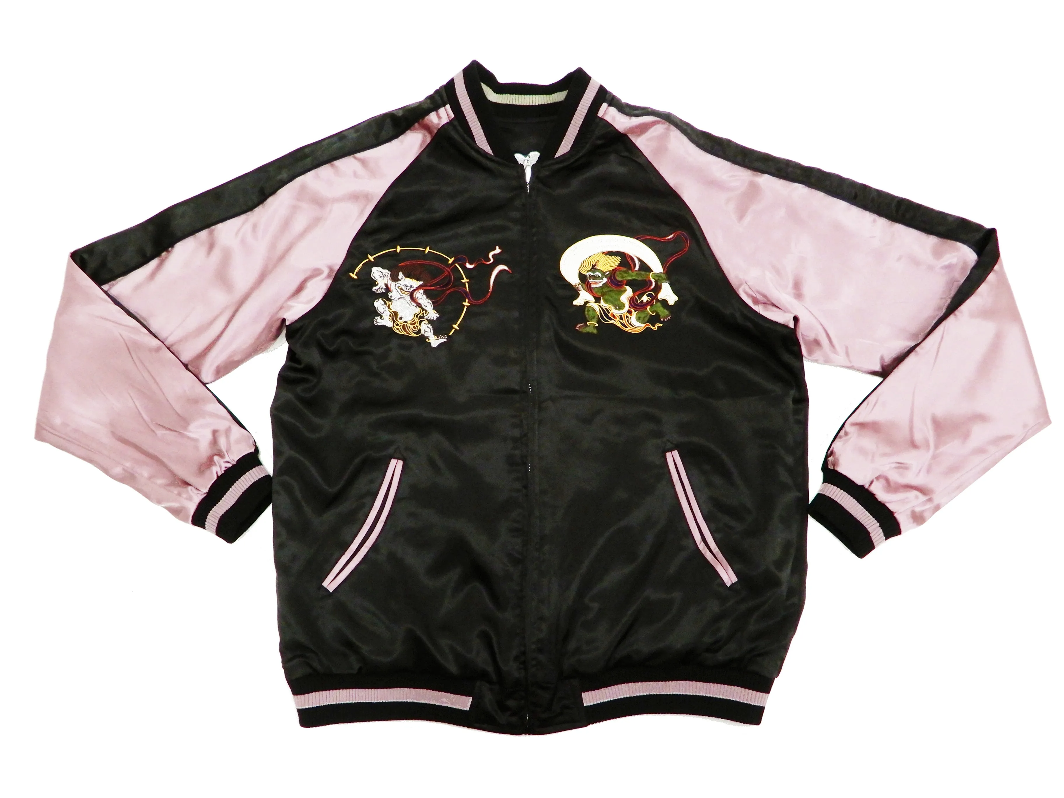 Japanesque Men's Japanese Souvenir Jacket Koi Fish and Fuujin Sukajan 3RSJ-504 Black