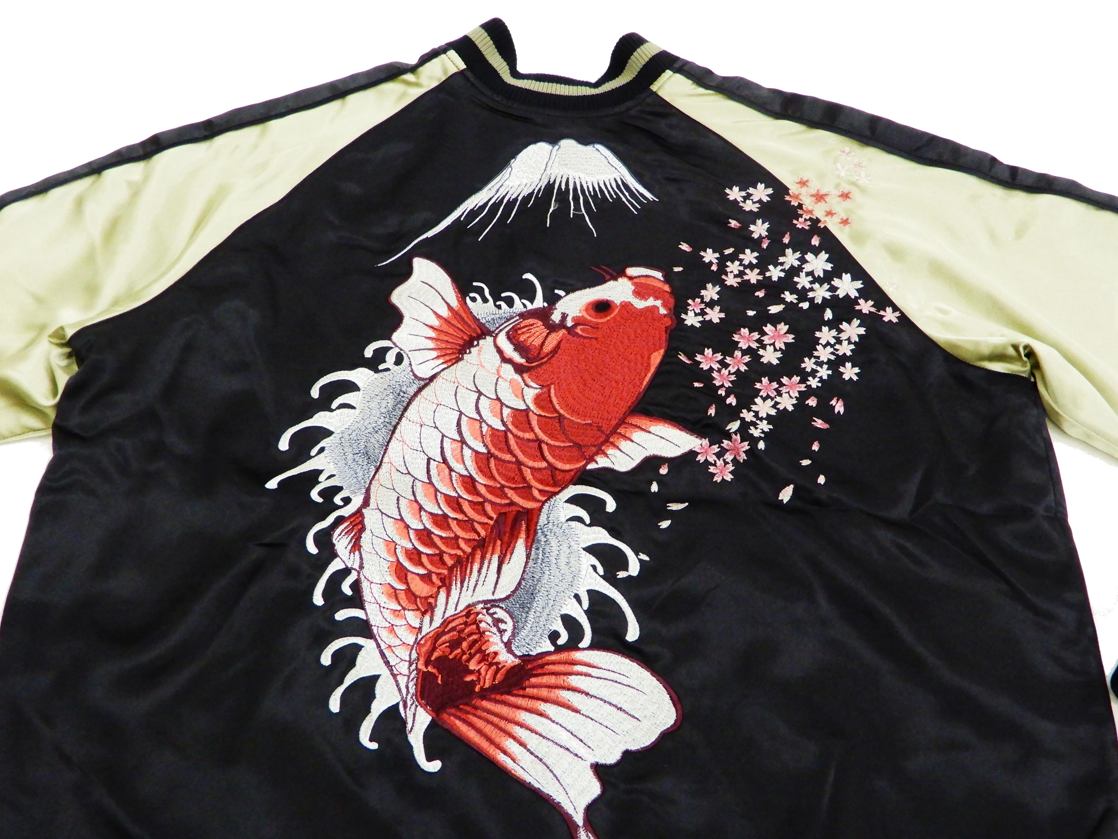 Japanesque Men's Japanese Souvenir Jacket Koi Fish and Fuujin Sukajan 3RSJ-504 Black