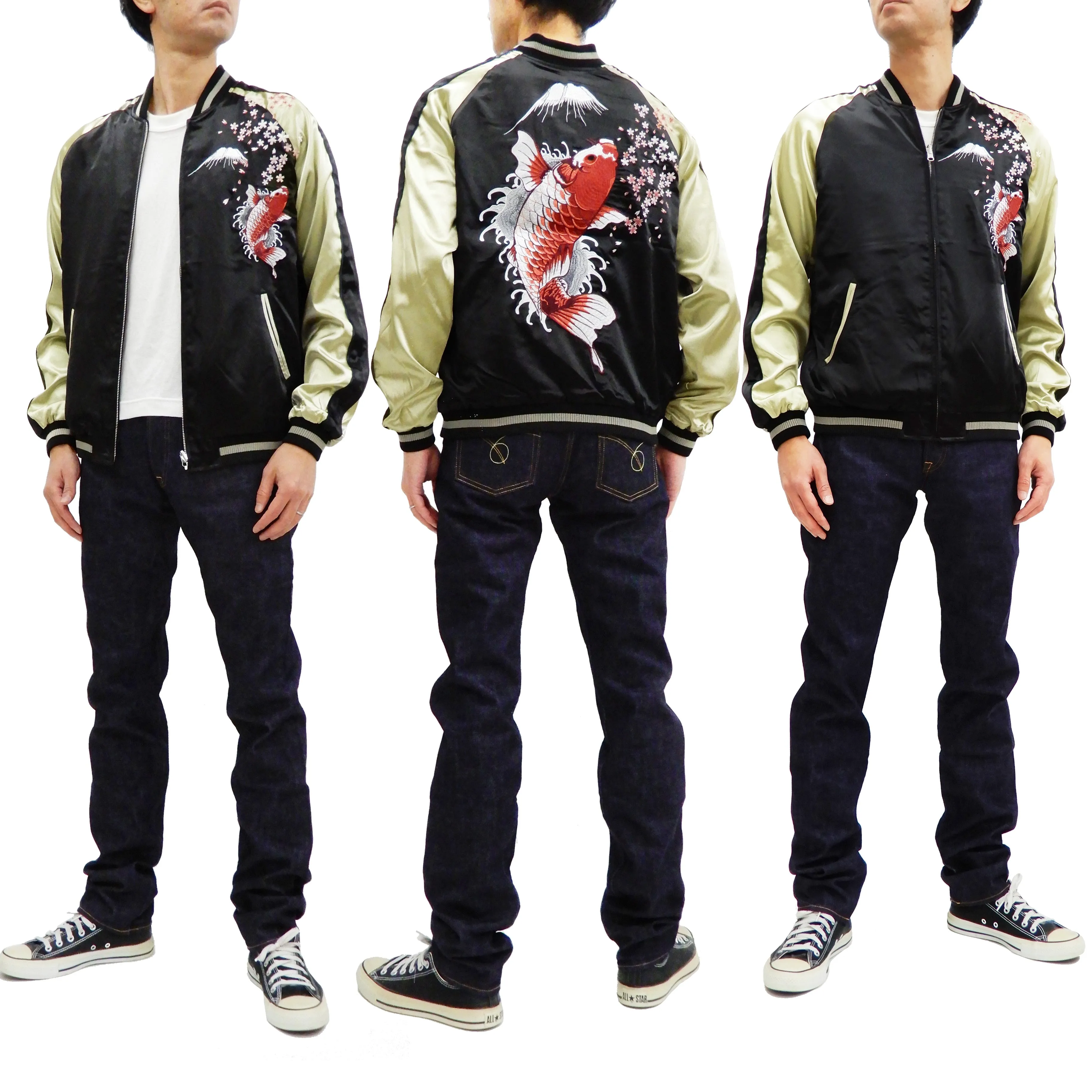 Japanesque Men's Japanese Souvenir Jacket Koi Fish and Fuujin Sukajan 3RSJ-504 Black