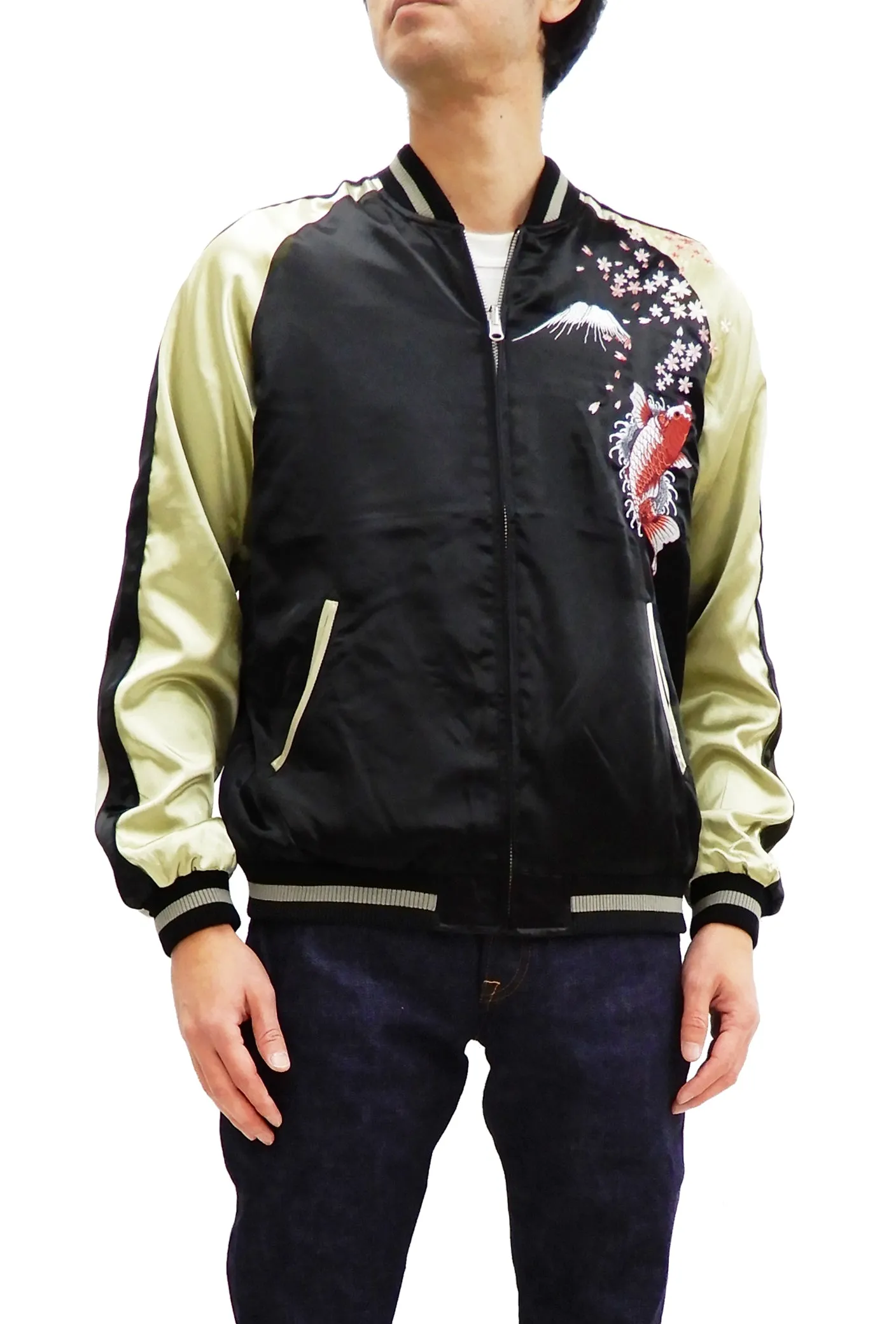 Japanesque Men's Japanese Souvenir Jacket Koi Fish and Fuujin Sukajan 3RSJ-504 Black
