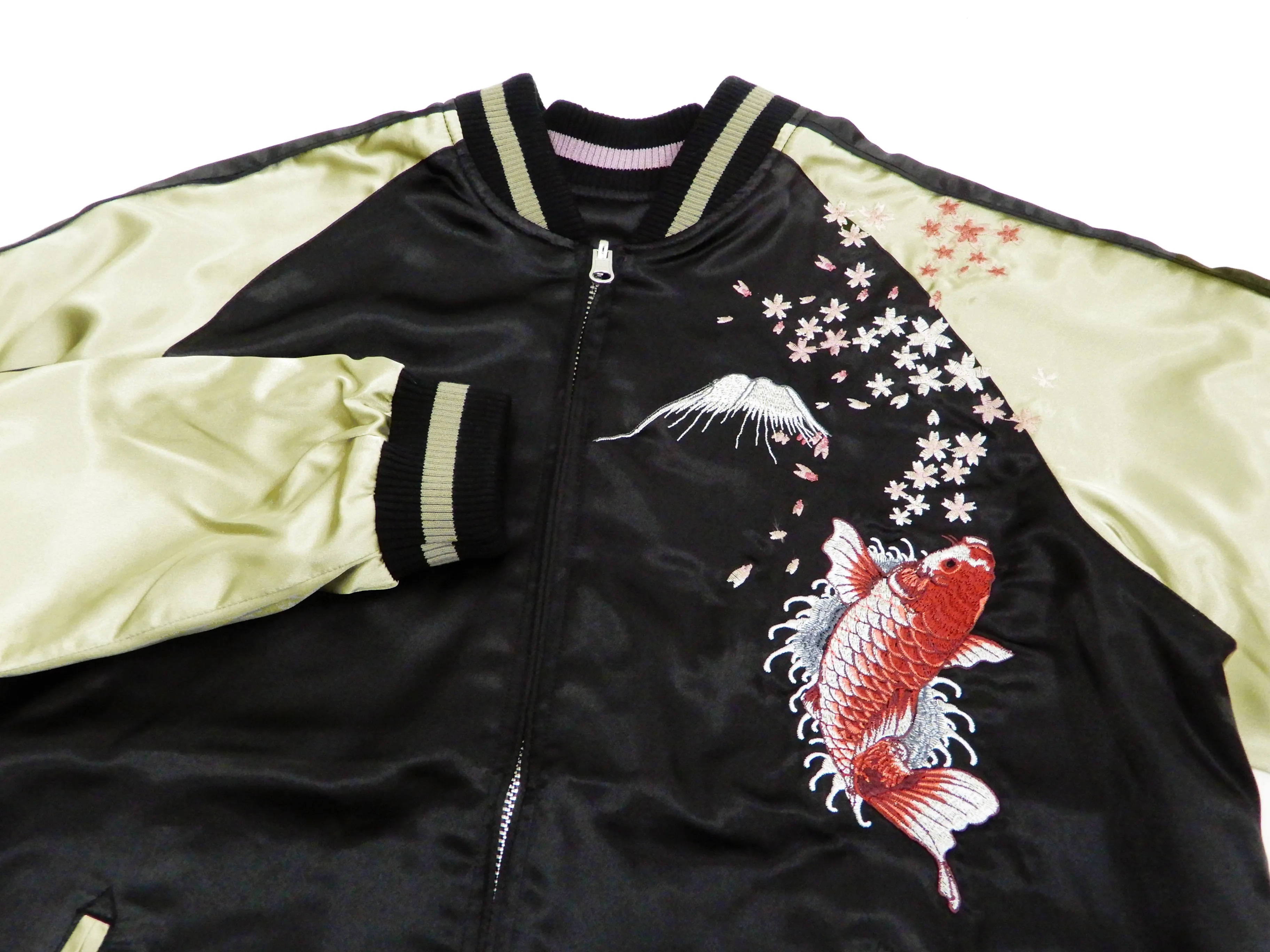 Japanesque Men's Japanese Souvenir Jacket Koi Fish and Fuujin Sukajan 3RSJ-504 Black