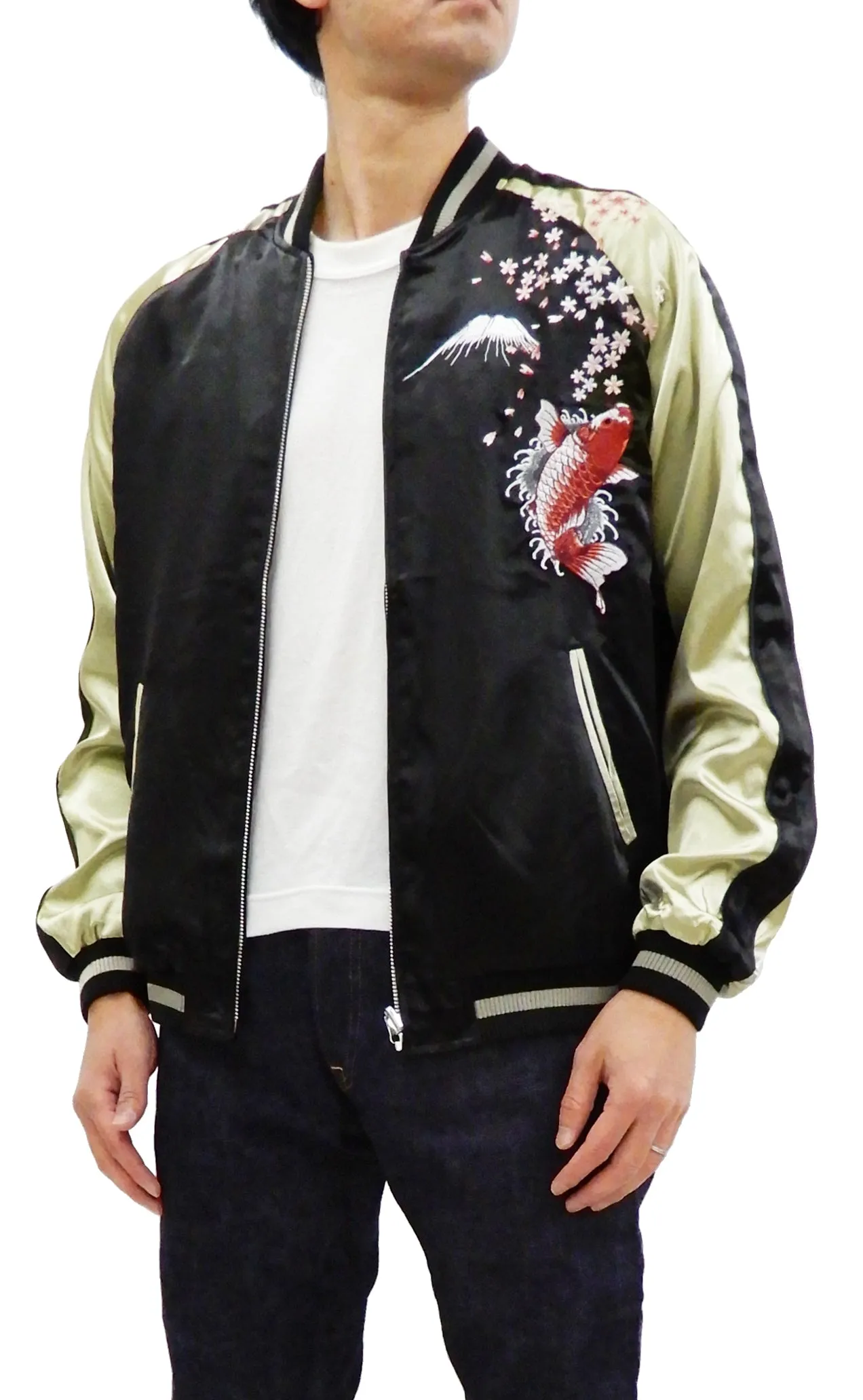 Japanesque Men's Japanese Souvenir Jacket Koi Fish and Fuujin Sukajan 3RSJ-504 Black
