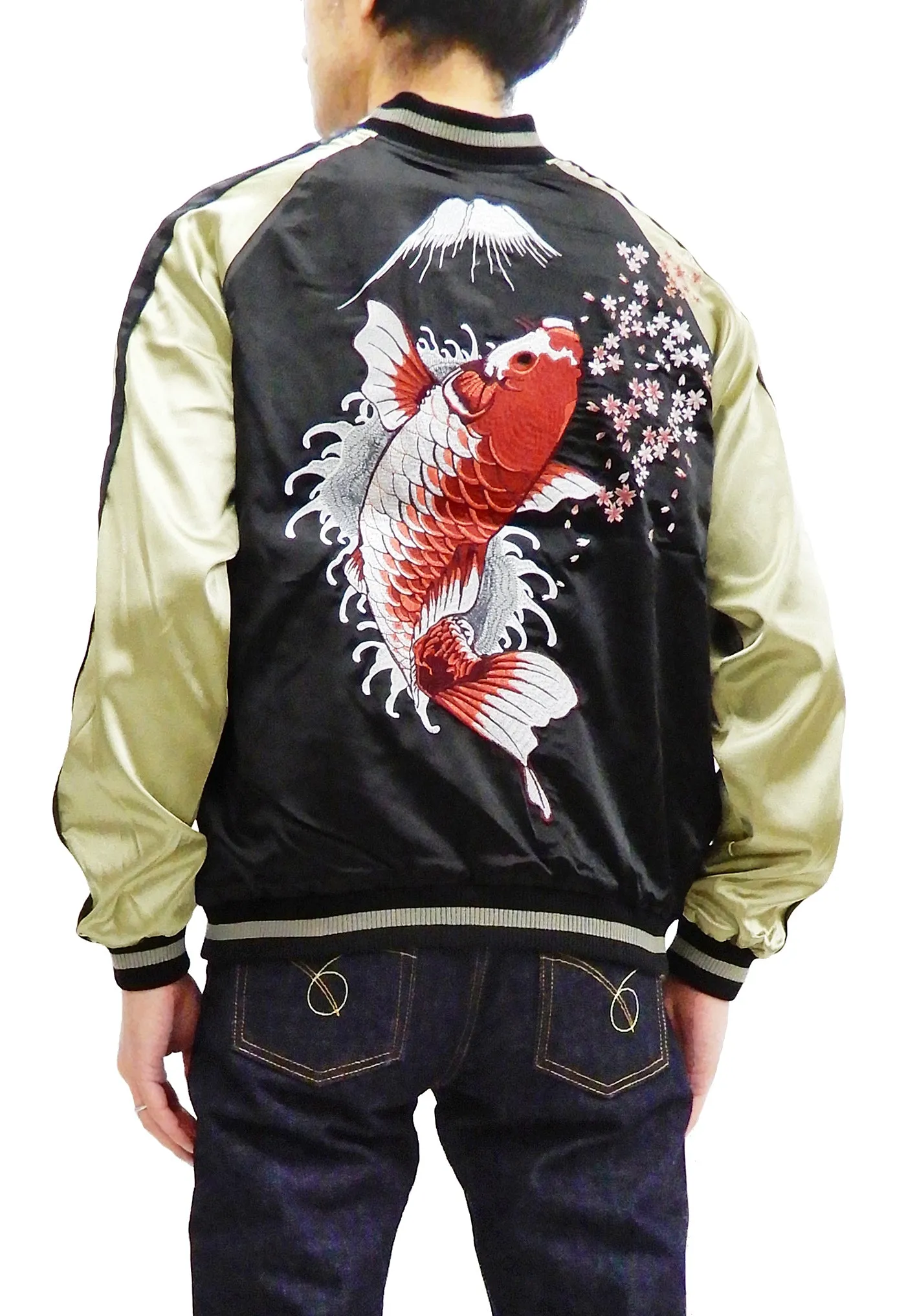 Japanesque Men's Japanese Souvenir Jacket Koi Fish and Fuujin Sukajan 3RSJ-504 Black