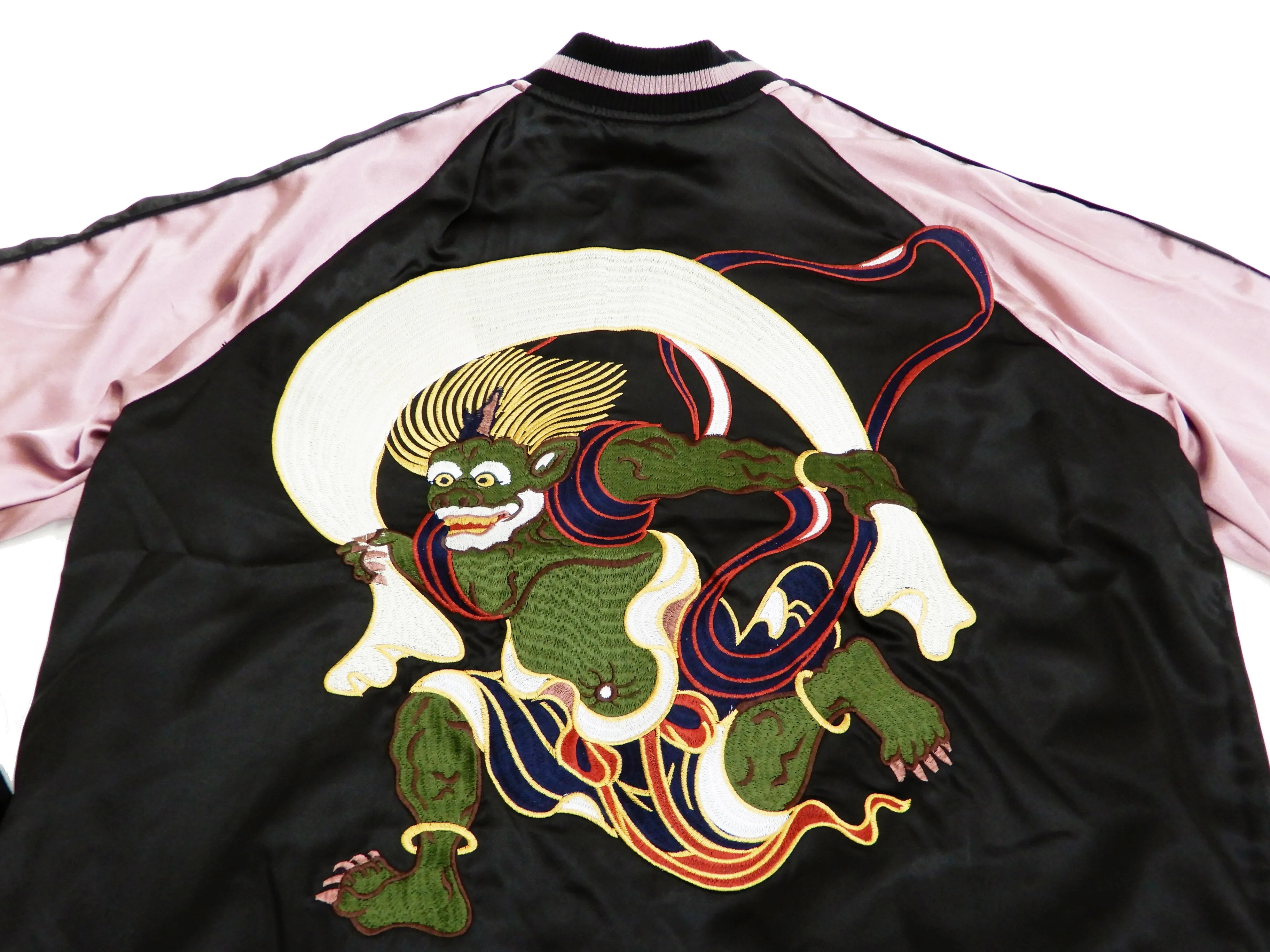 Japanesque Men's Japanese Souvenir Jacket Koi Fish and Fuujin Sukajan 3RSJ-504 Black