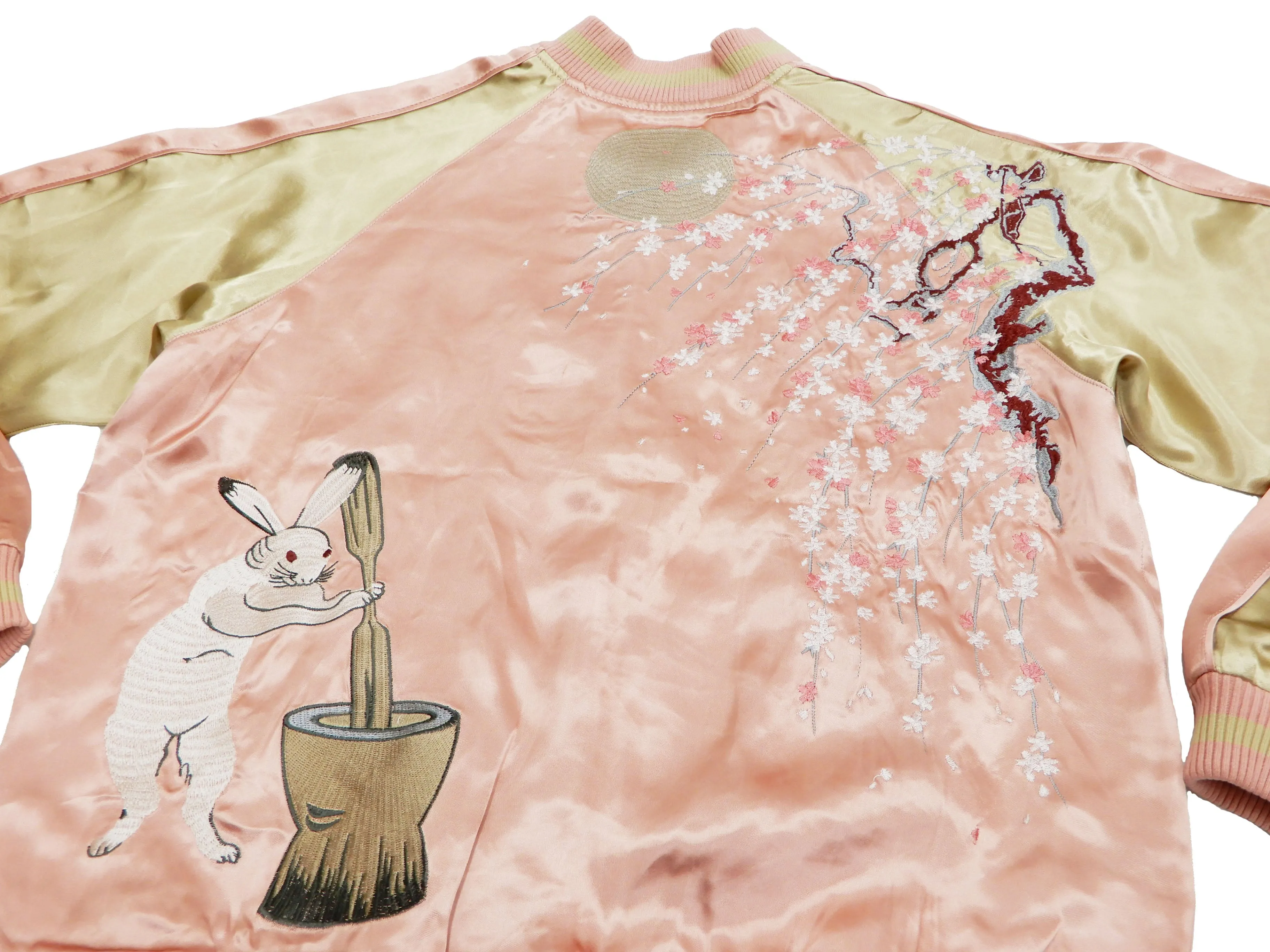 Japanesque Men's Japanese Souvenir Jacket Moon Rabbit Sukajan 3RSJ-023 Pink/Beige