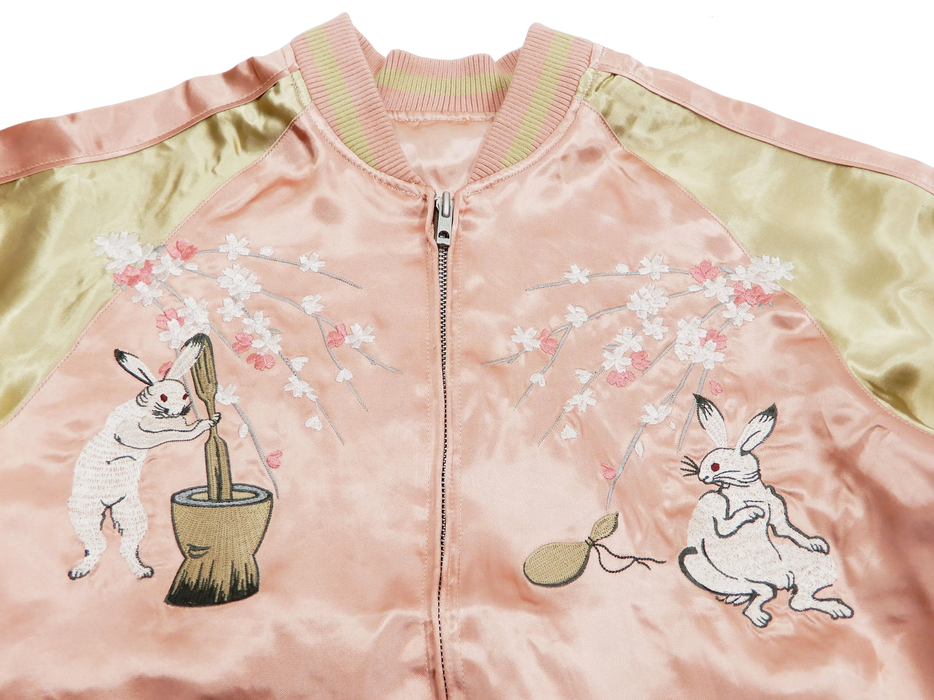 Japanesque Men's Japanese Souvenir Jacket Moon Rabbit Sukajan 3RSJ-023 Pink/Beige