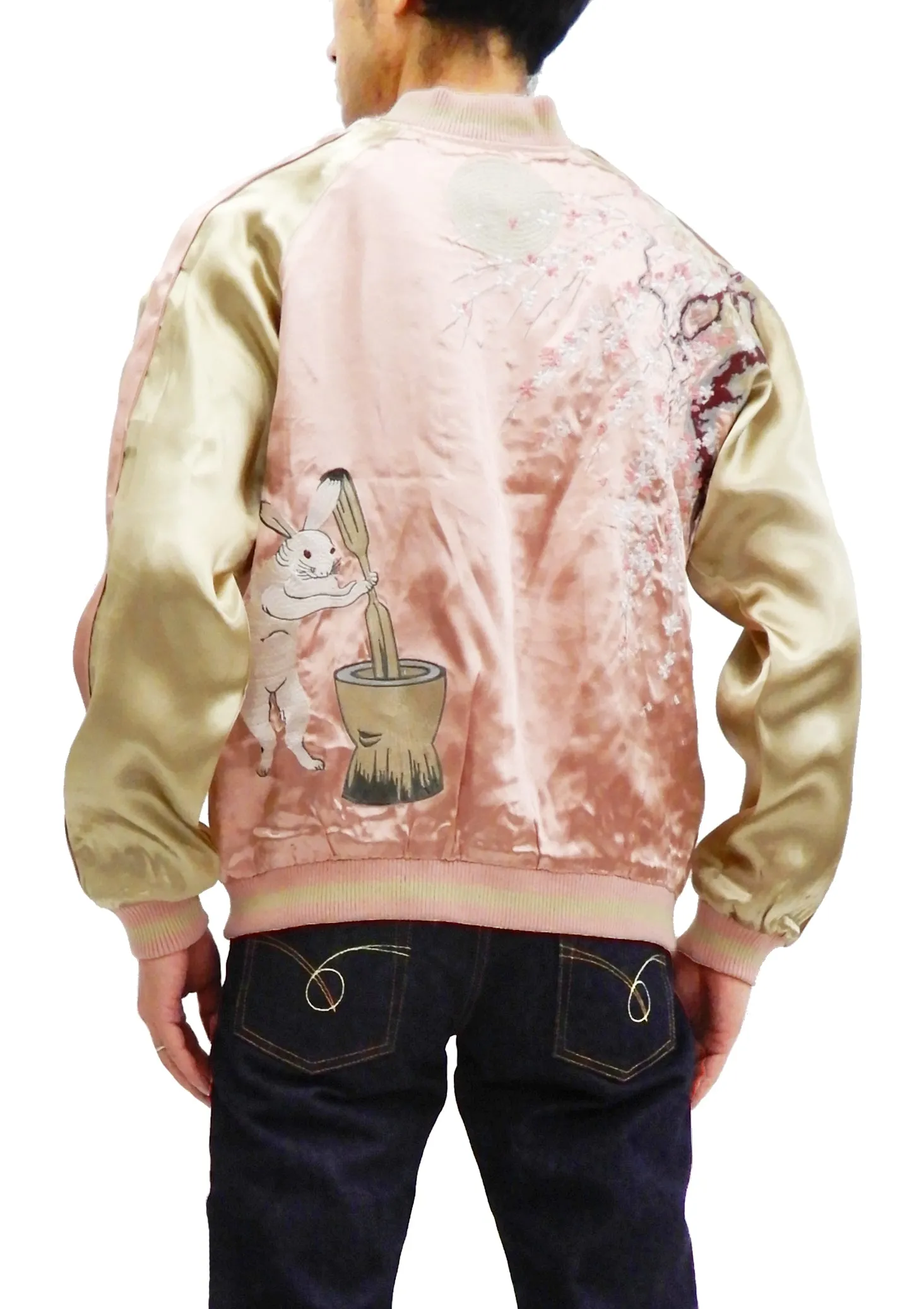 Japanesque Men's Japanese Souvenir Jacket Moon Rabbit Sukajan 3RSJ-023 Pink/Beige