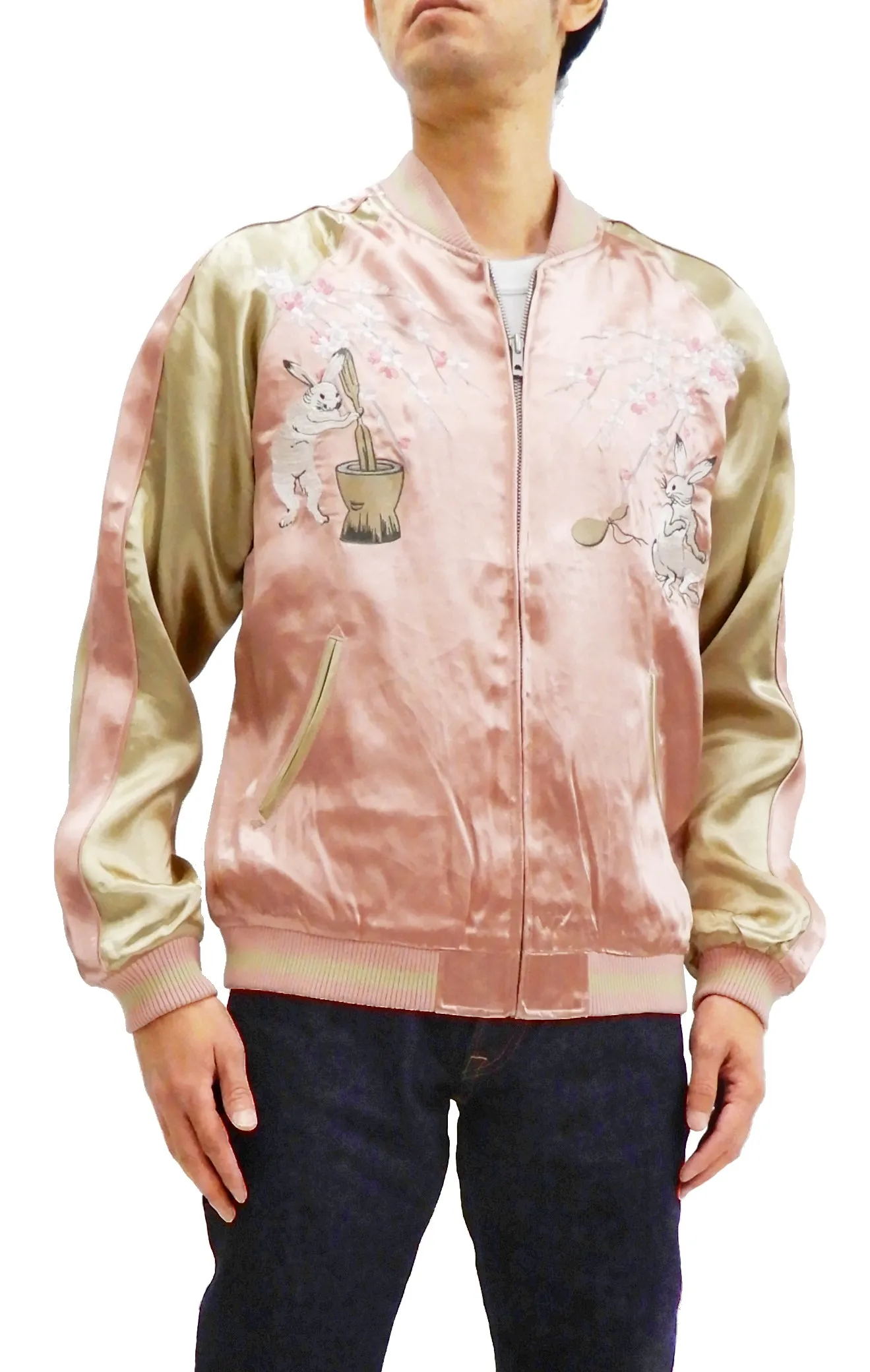 Japanesque Men's Japanese Souvenir Jacket Moon Rabbit Sukajan 3RSJ-023 Pink/Beige