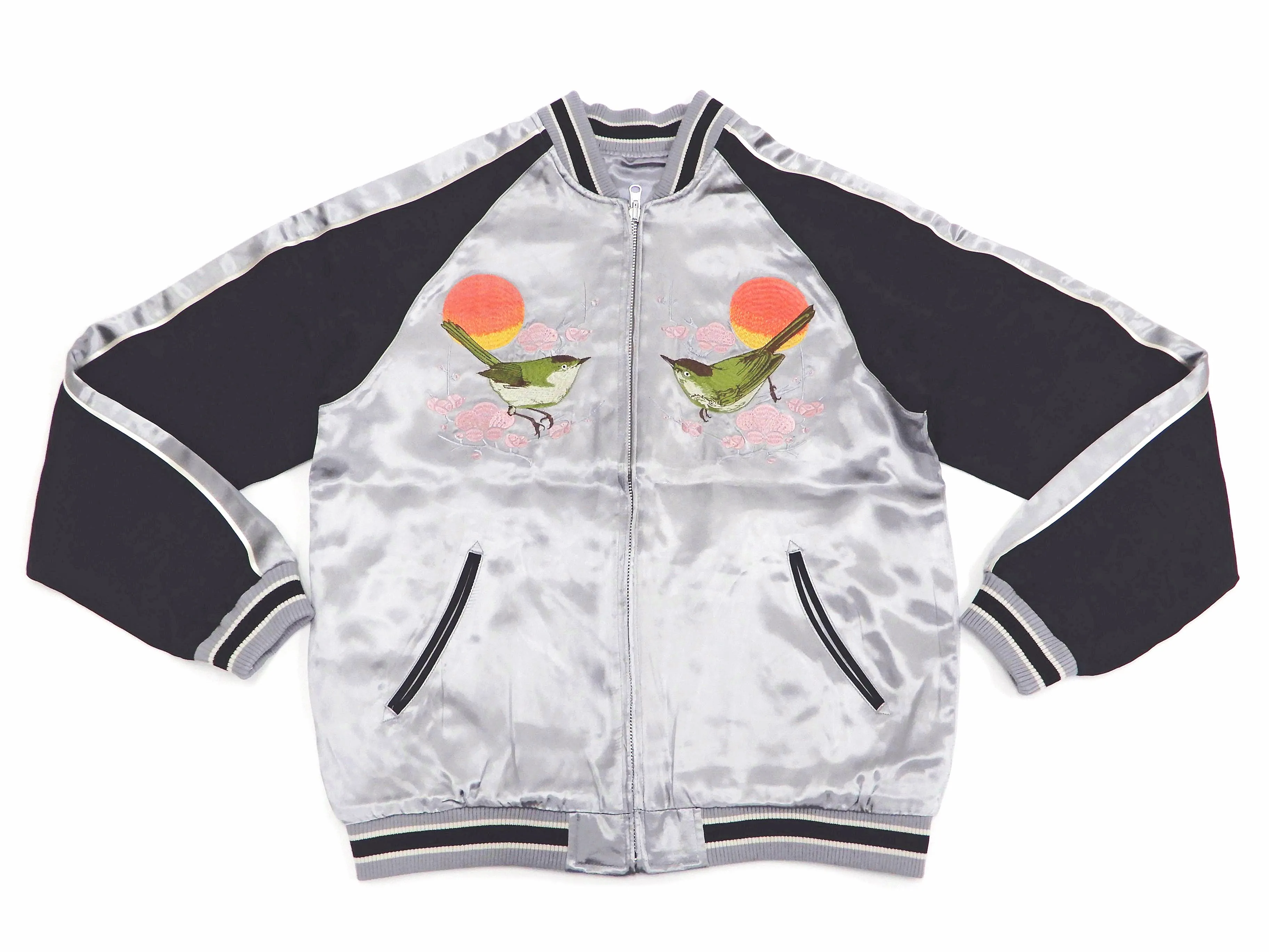 Japanesque Sukajan Men's Japanese Souvenir Jacket Japanese Bush Warbler 3RSJ-751 Gray/Black