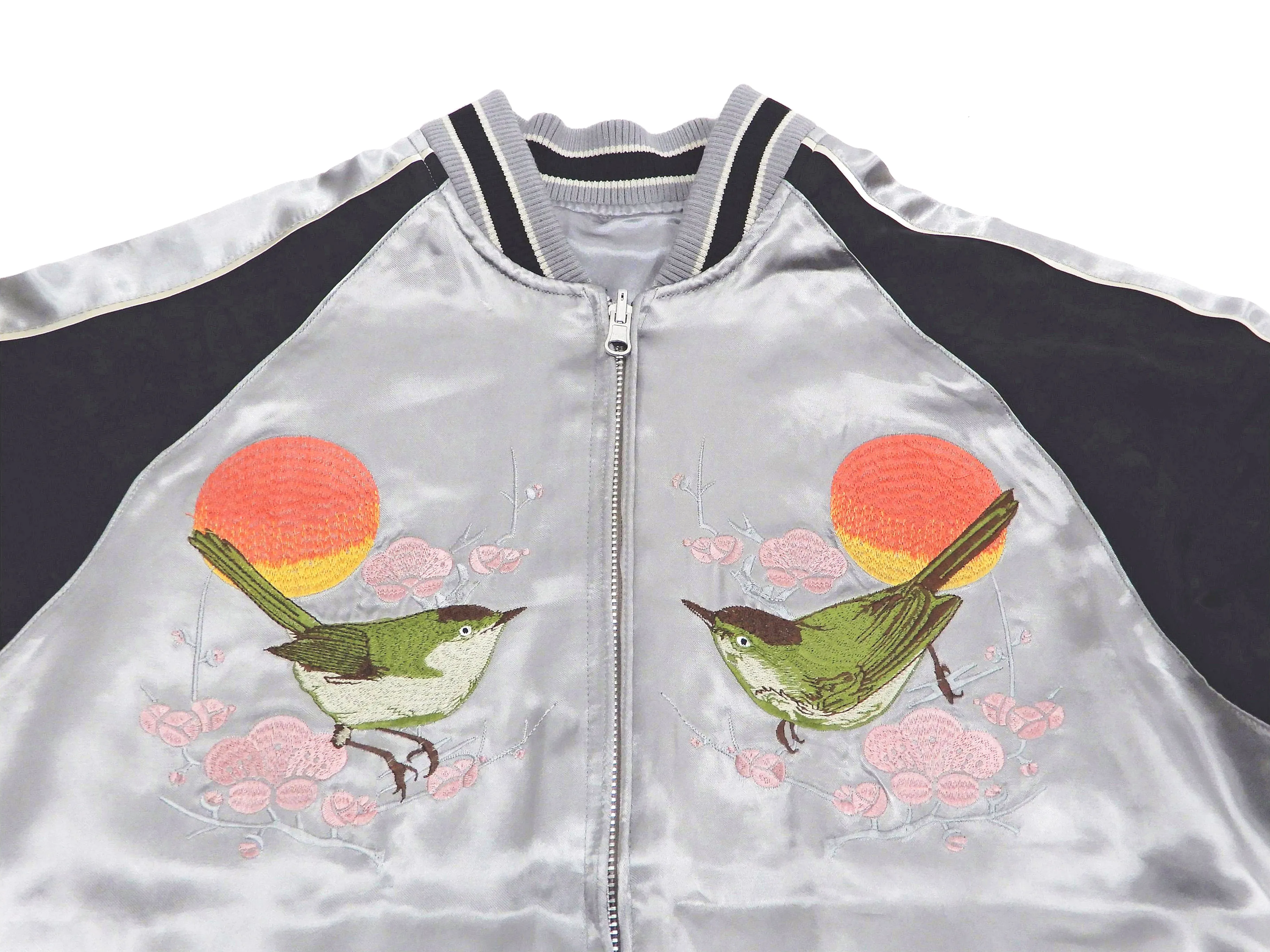 Japanesque Sukajan Men's Japanese Souvenir Jacket Japanese Bush Warbler 3RSJ-751 Gray/Black
