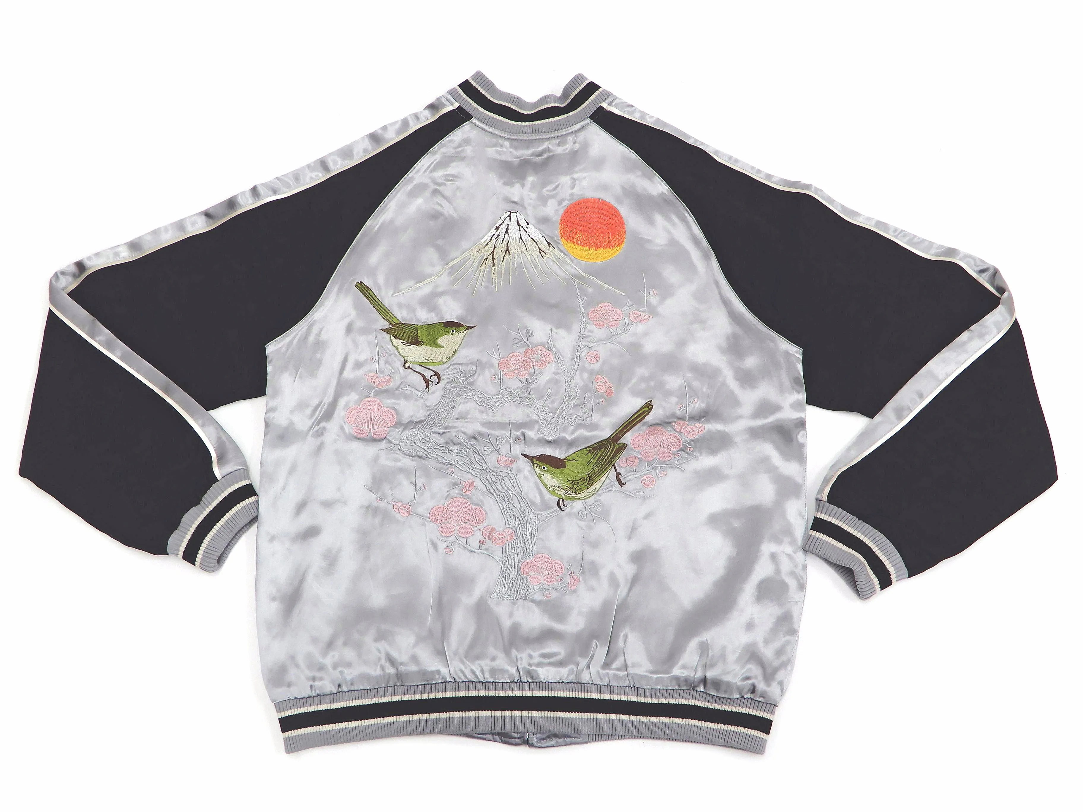 Japanesque Sukajan Men's Japanese Souvenir Jacket Japanese Bush Warbler 3RSJ-751 Gray/Black