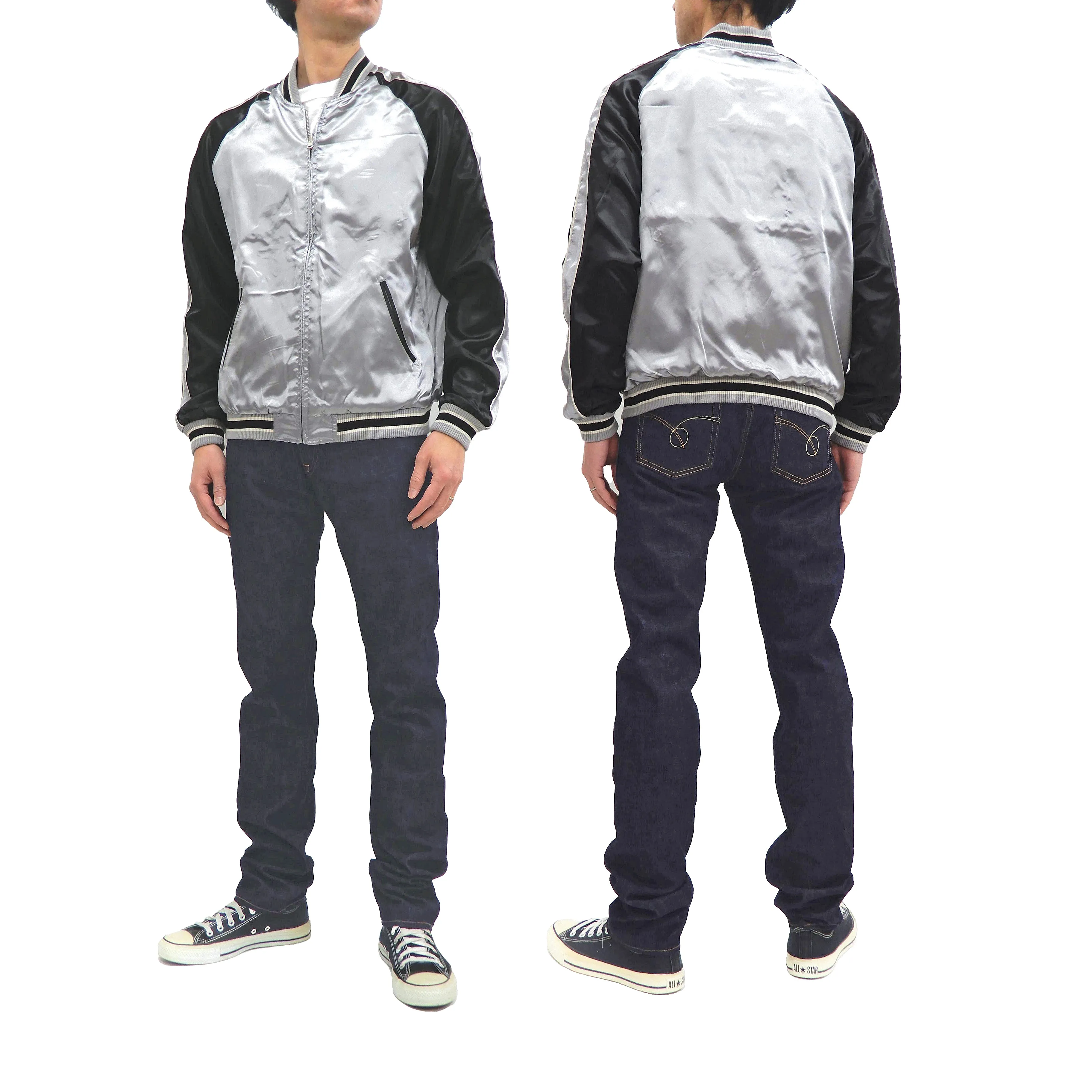 Japanesque Sukajan Men's Japanese Souvenir Jacket Japanese Bush Warbler 3RSJ-751 Gray/Black
