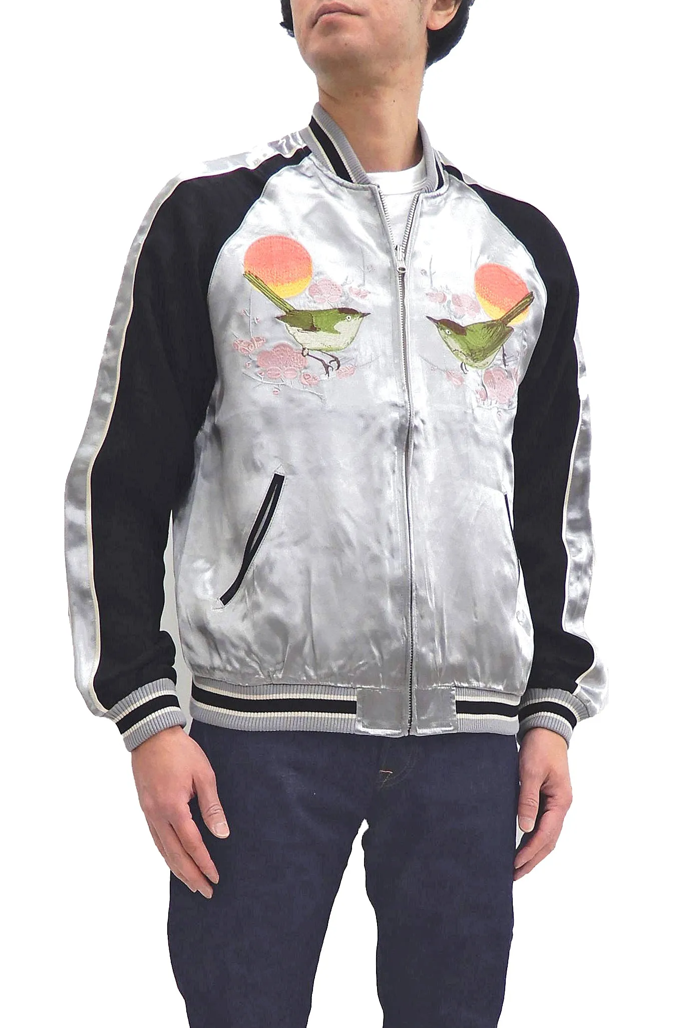 Japanesque Sukajan Men's Japanese Souvenir Jacket Japanese Bush Warbler 3RSJ-751 Gray/Black