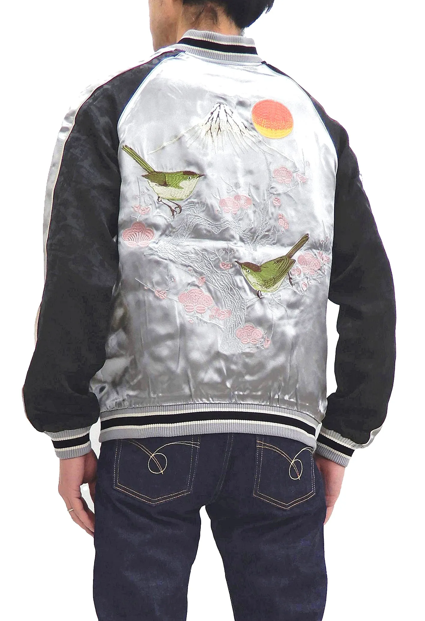 Japanesque Sukajan Men's Japanese Souvenir Jacket Japanese Bush Warbler 3RSJ-751 Gray/Black