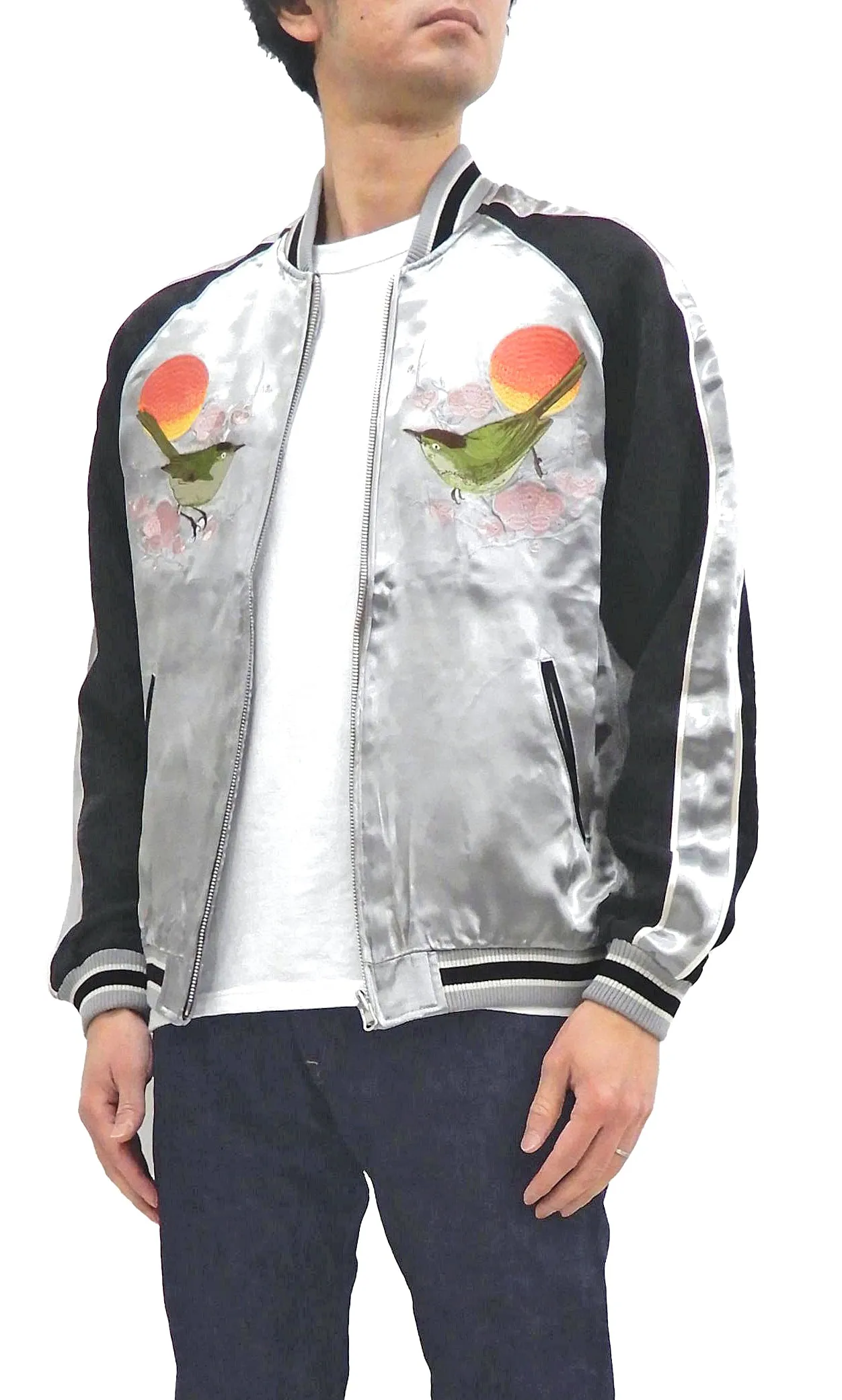 Japanesque Sukajan Men's Japanese Souvenir Jacket Japanese Bush Warbler 3RSJ-751 Gray/Black