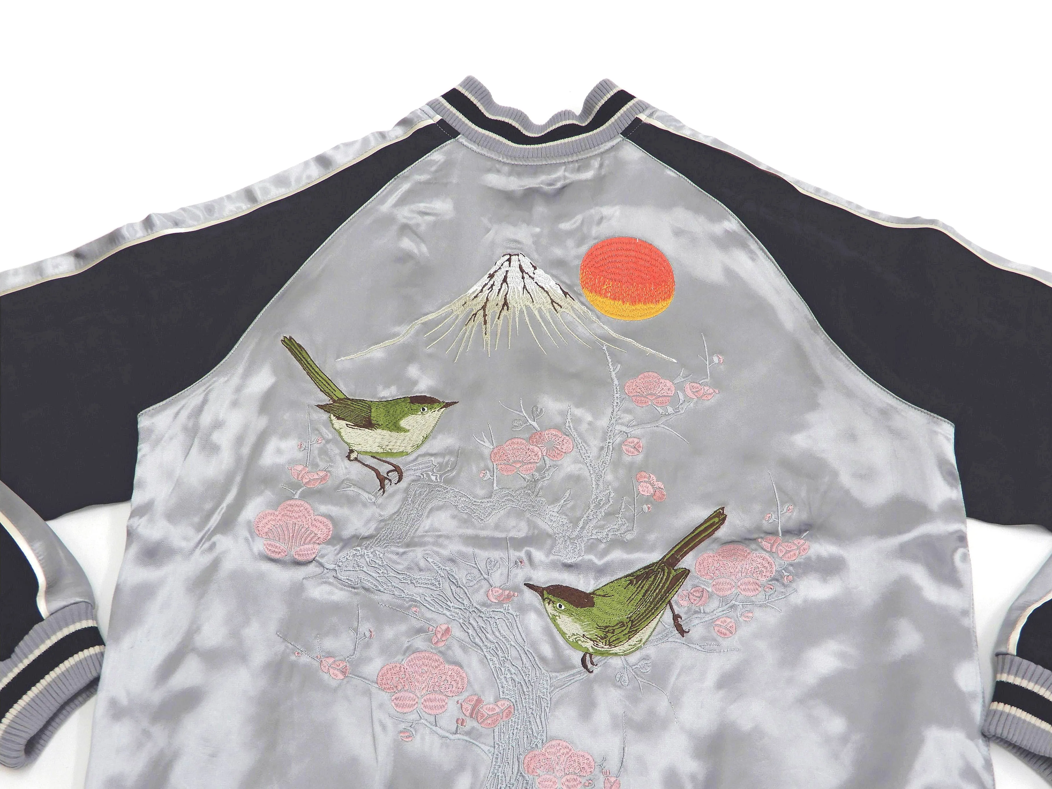 Japanesque Sukajan Men's Japanese Souvenir Jacket Japanese Bush Warbler 3RSJ-751 Gray/Black