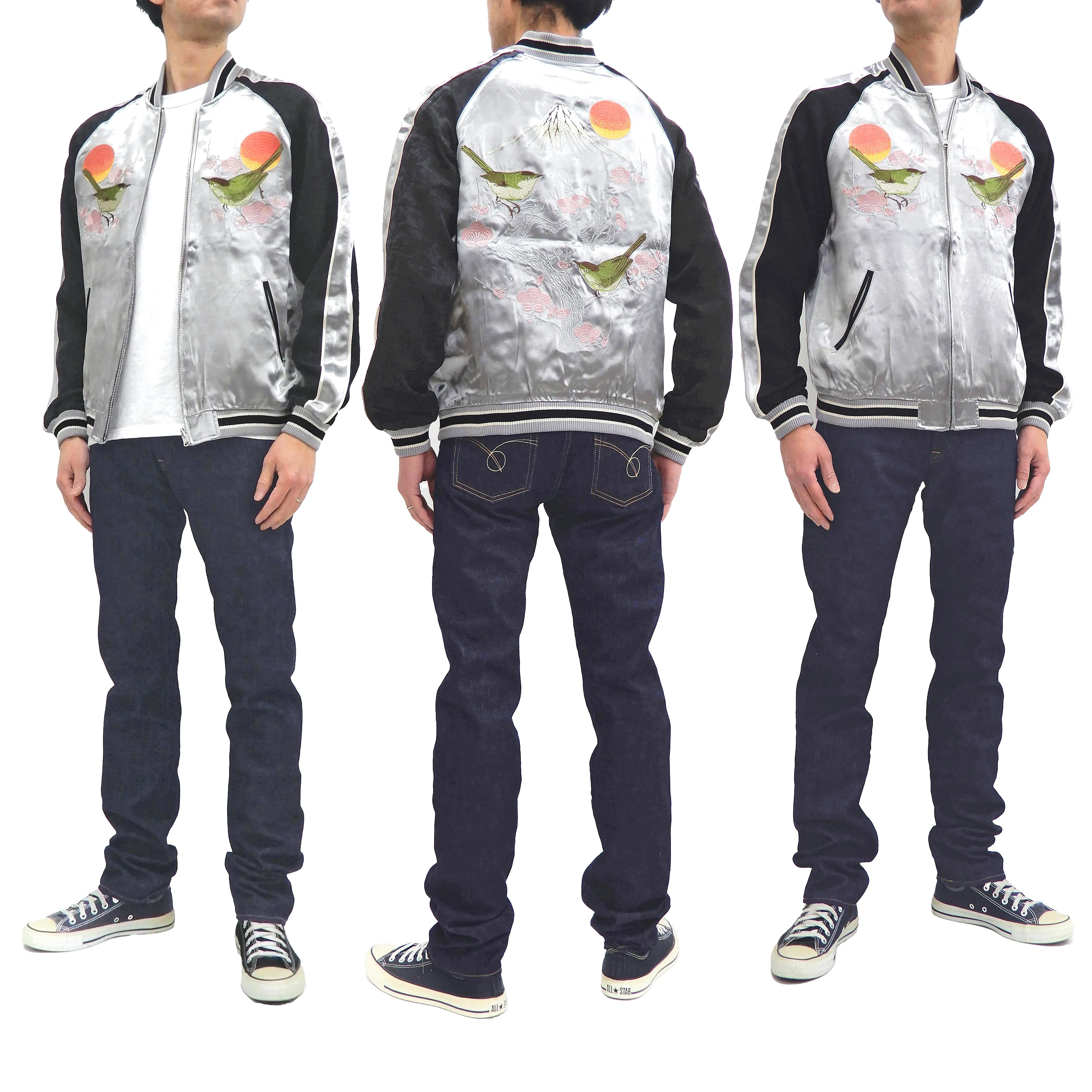Japanesque Sukajan Men's Japanese Souvenir Jacket Japanese Bush Warbler 3RSJ-751 Gray/Black