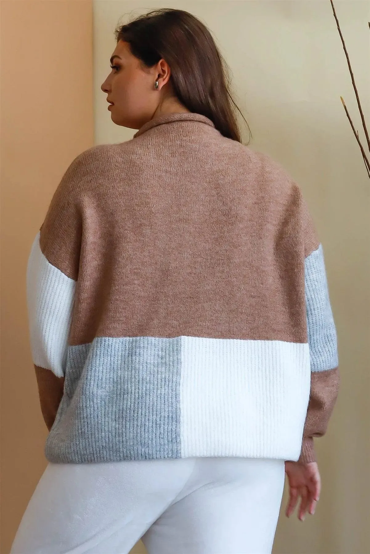 Junior Plus Cocoa Multi Color Colorblock Knit Mock Neck Sweater /4-2-1