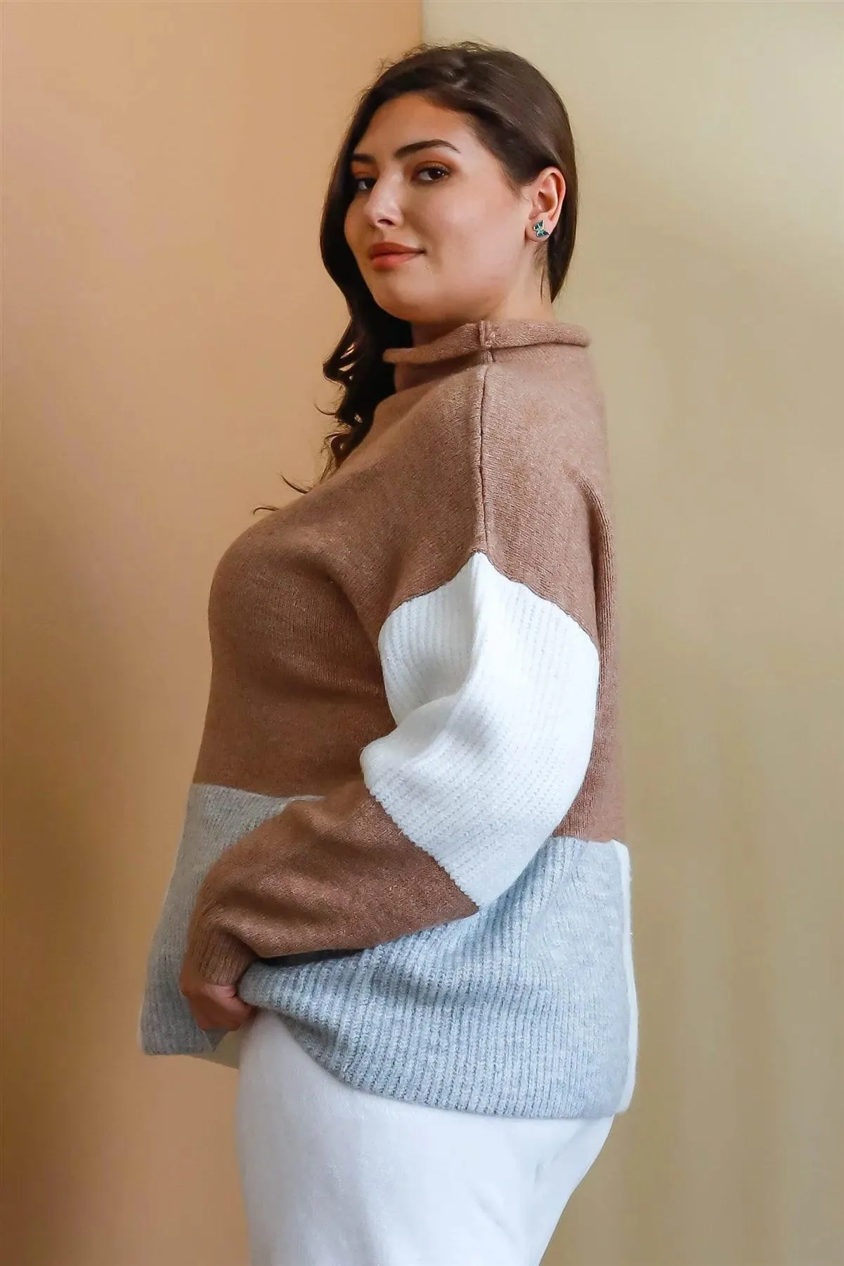 Junior Plus Cocoa Multi Color Colorblock Knit Mock Neck Sweater /4-2-1