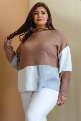Junior Plus Cocoa Multi Color Colorblock Knit Mock Neck Sweater /4-2-1
