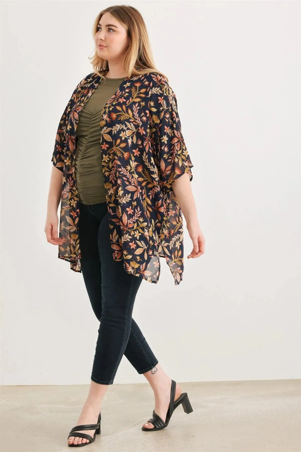 Junior Plus Navy Floral Multi Short Sleeve Open Front See Through Cardigan /3-2-1