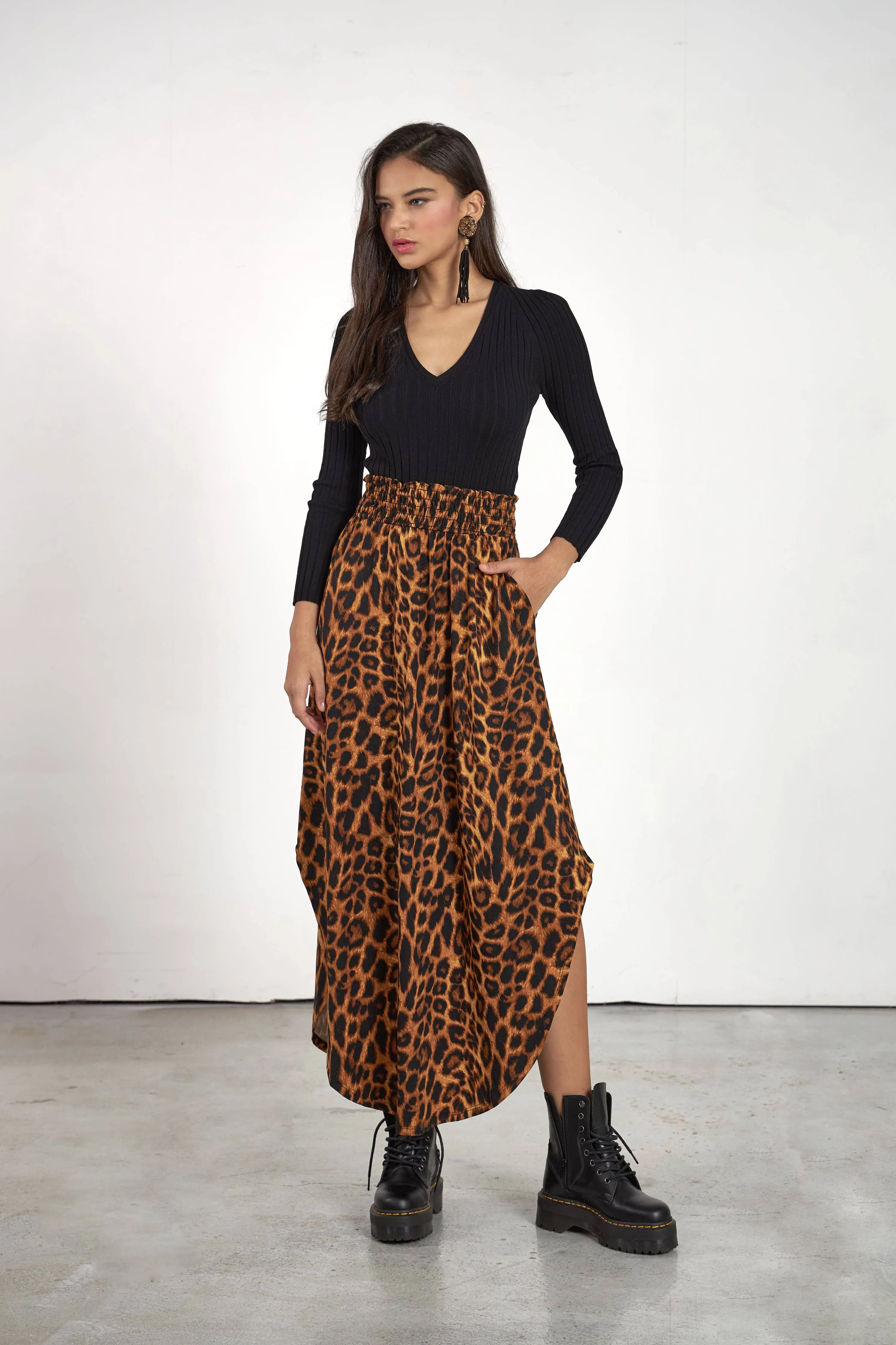 Leopard Smocked Waist Curved Hem Maxi Skirt-Size Inclusive