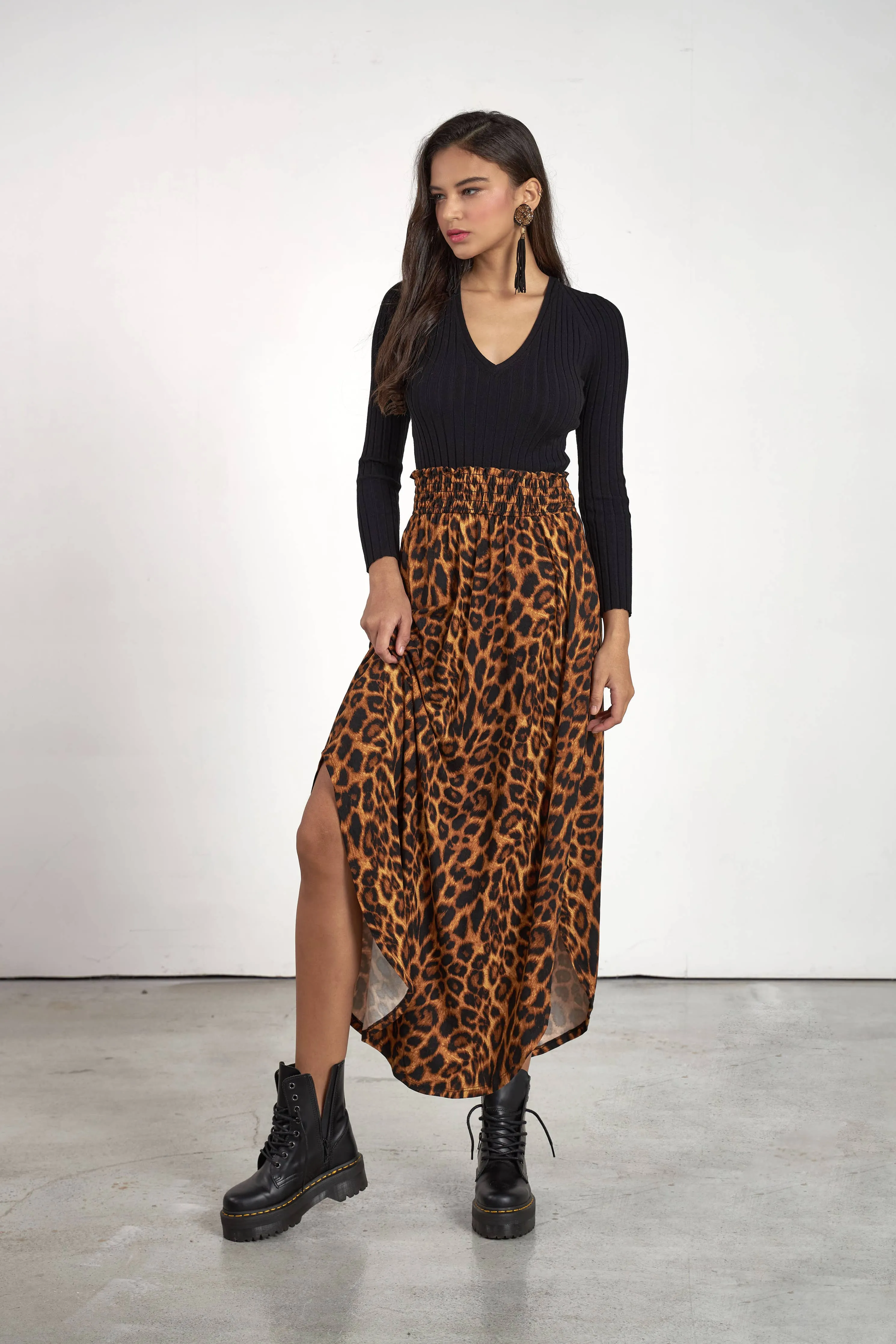 Leopard Smocked Waist Curved Hem Maxi Skirt-Size Inclusive