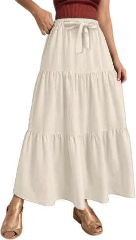 Linen Maxi Skirts for Women 2025 Summer Boho Long Flowy Bow Tie Elastic High Waist Tiered Swing Pleated A Line Skirt